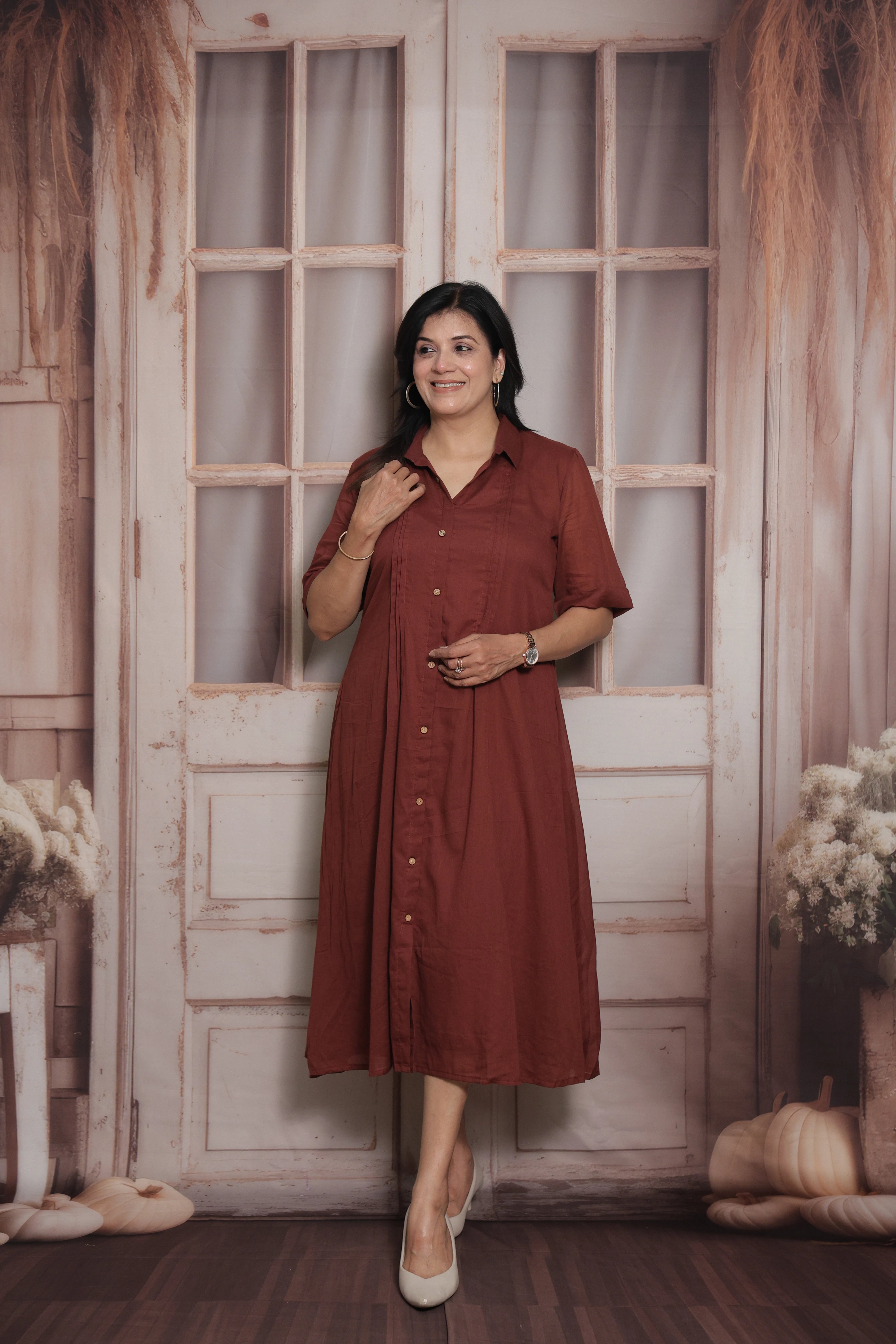 Maroon Collar Neck Long Tunic Dress | Cotton | Pintex Detailing