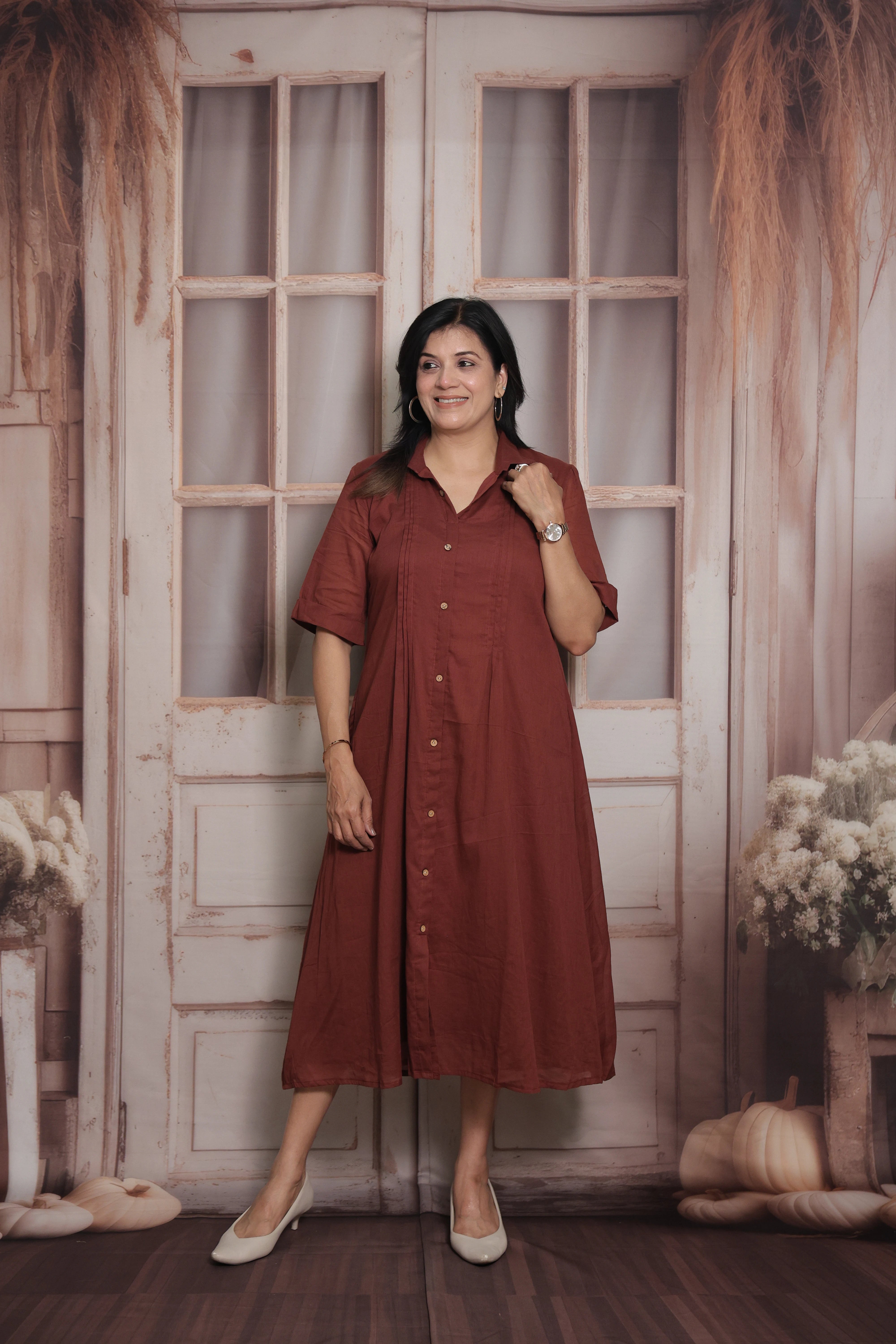 Maroon Collar Neck Long Tunic Dress | Cotton | Pintex Detailing