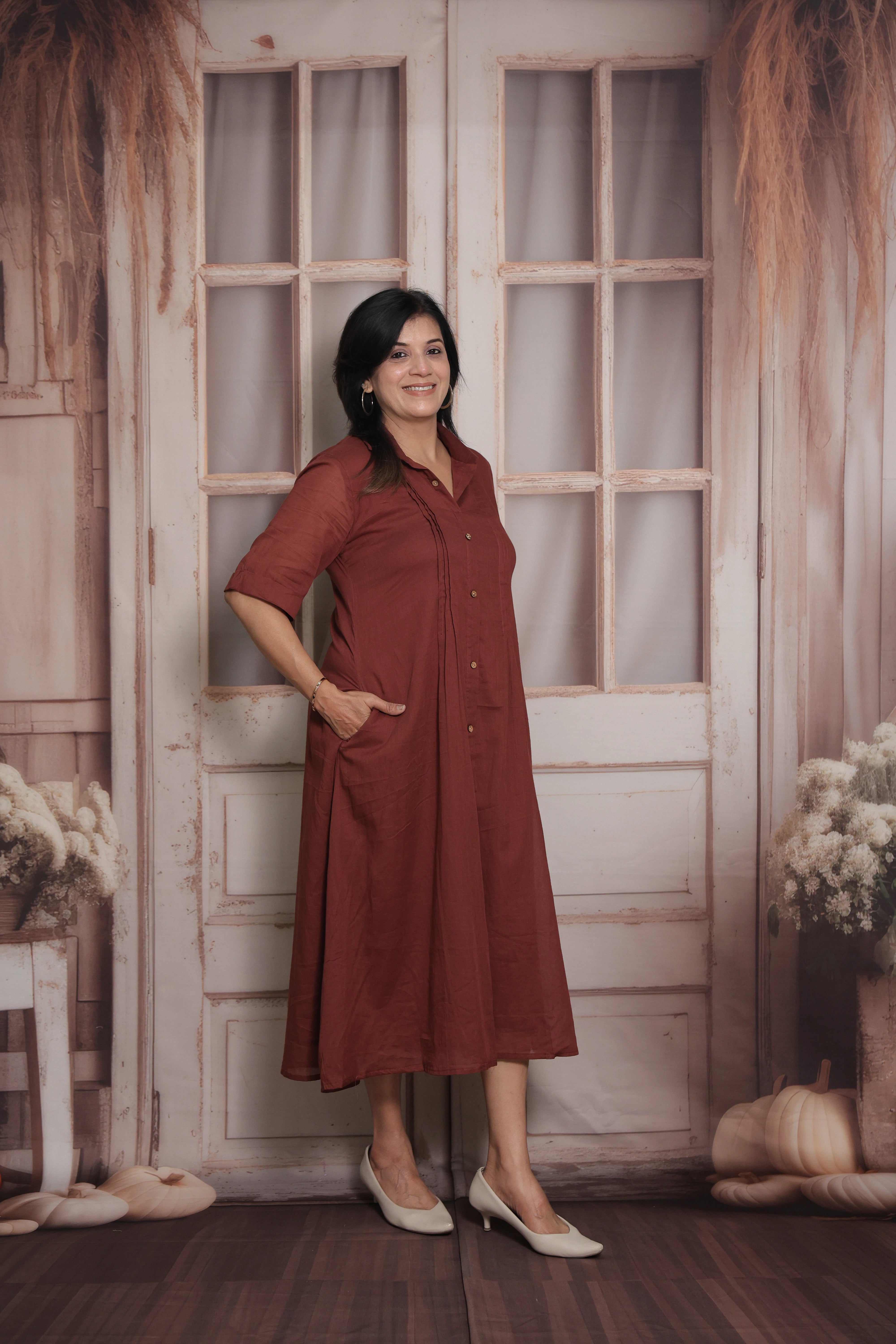 Maroon Collar Neck Long Tunic Dress | Cotton | Pintex Detailing