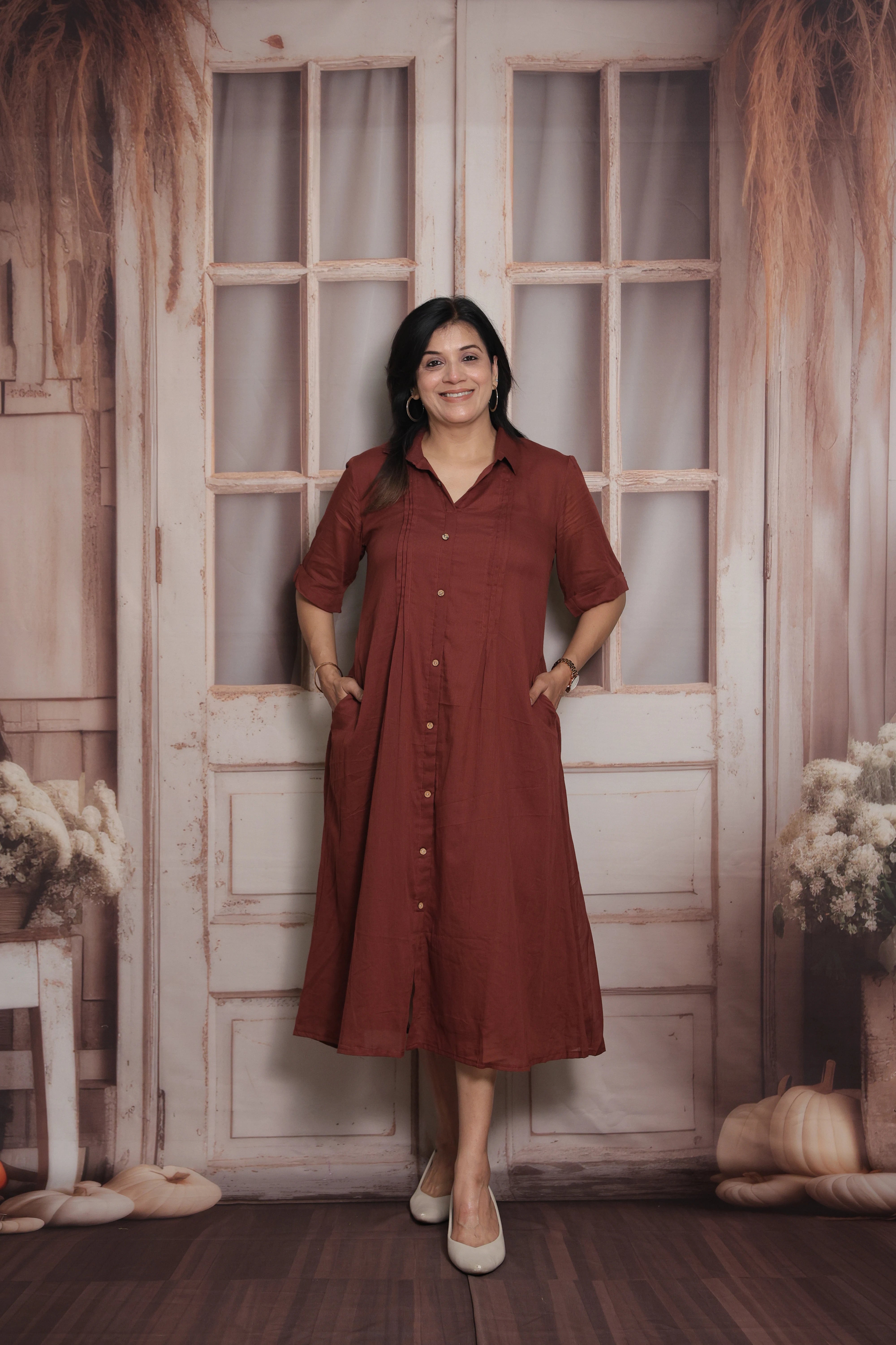 Maroon Collar Neck Long Tunic Dress | Cotton | Pintex Detailing