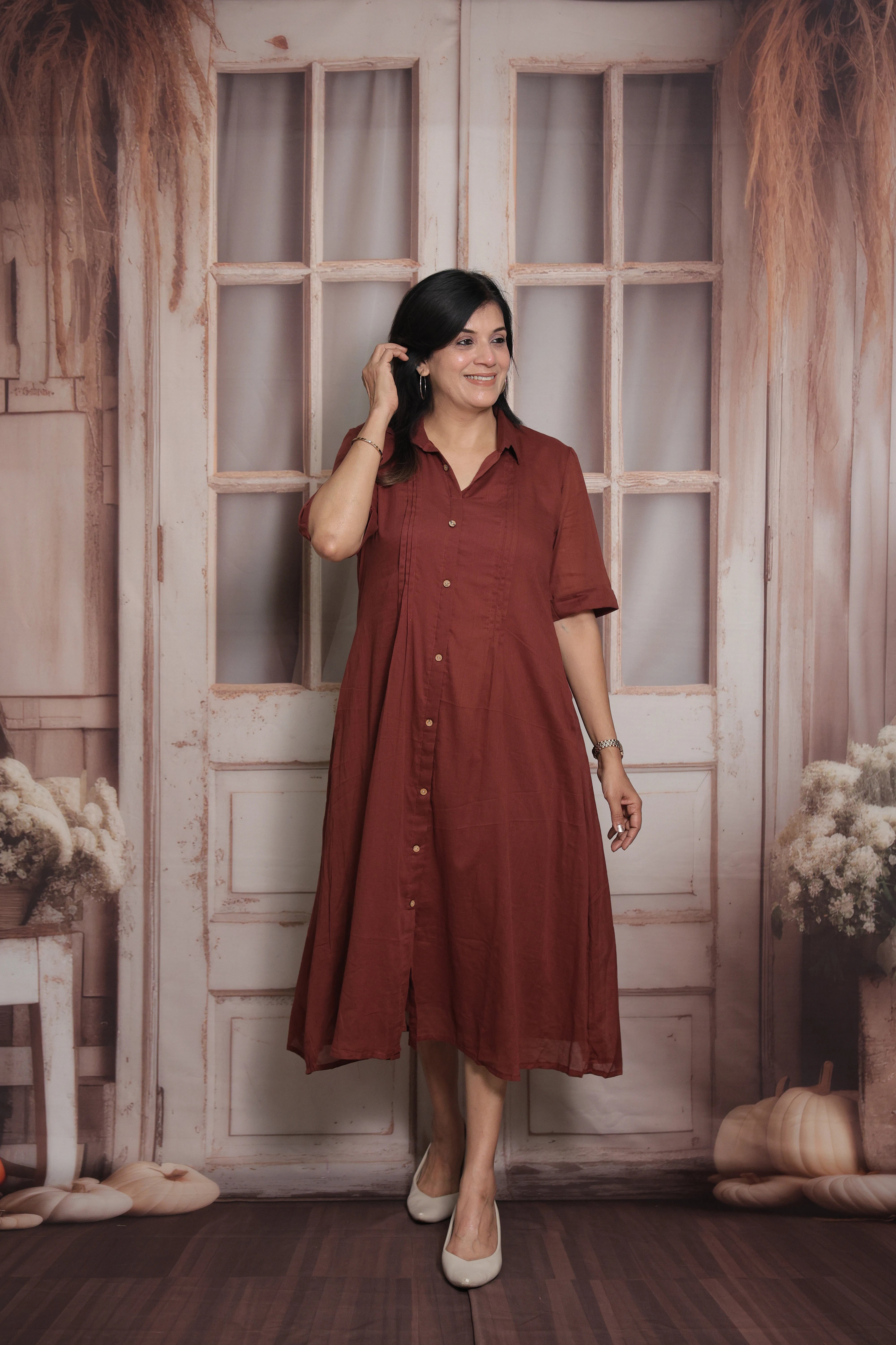 Maroon Collar Neck Long Tunic Dress | Cotton | Pintex Detailing