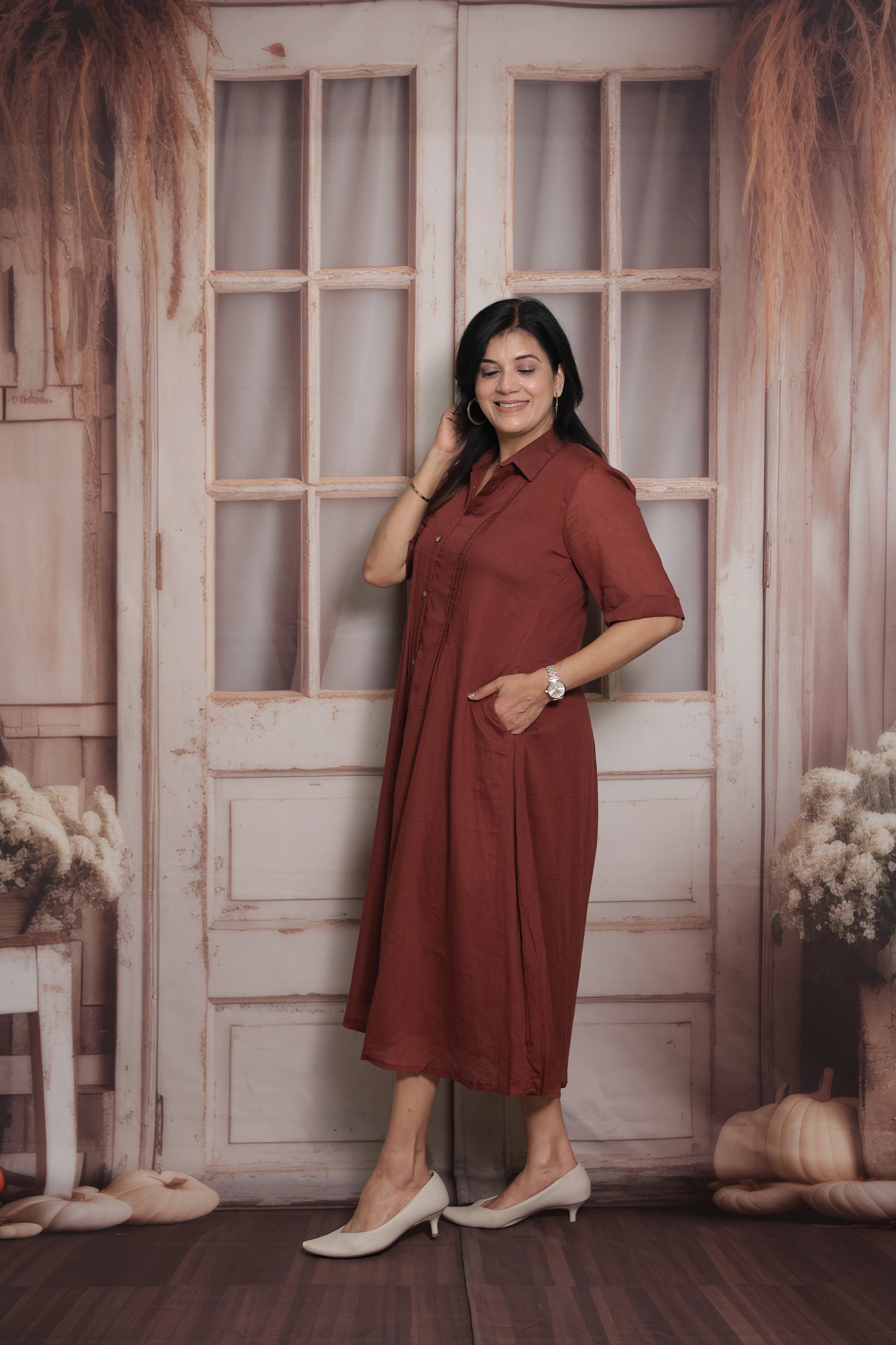 Maroon Collar Neck Long Tunic Dress | Cotton | Pintex Detailing