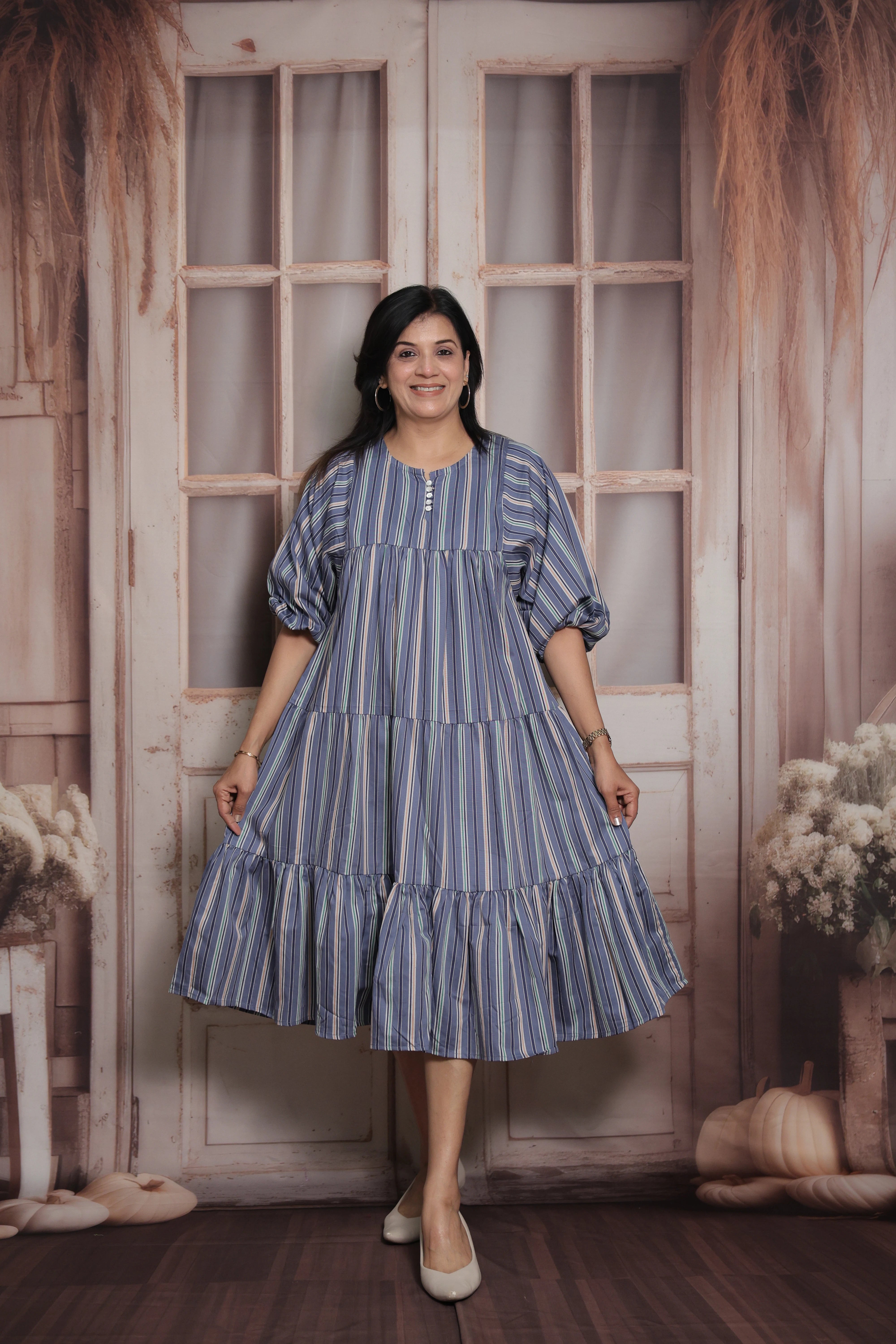 Blue Stripe No-Shoulder Print Long Tunic Dress | Cotton