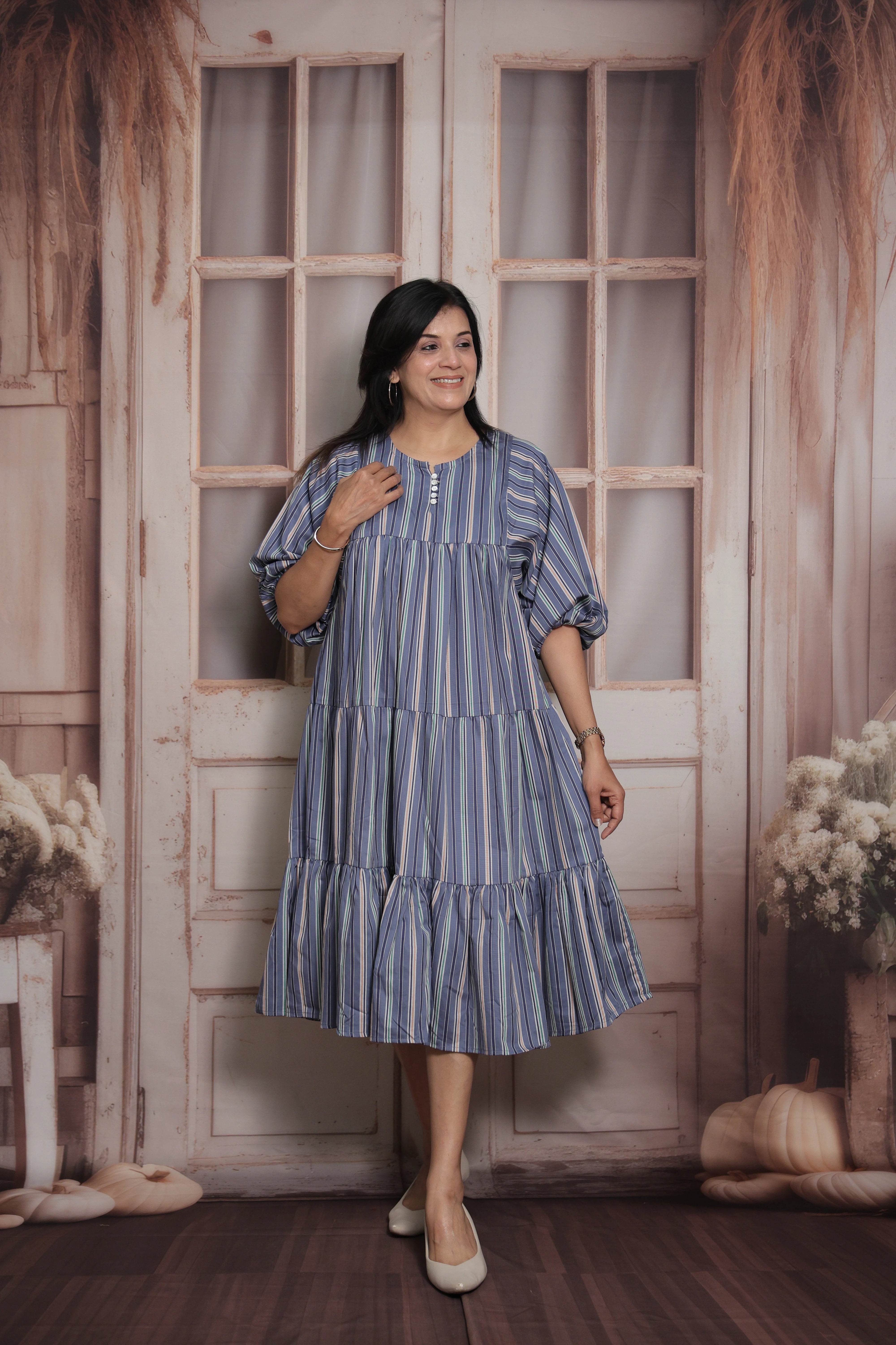 Blue Stripe No-Shoulder Print Long Tunic Dress | Cotton