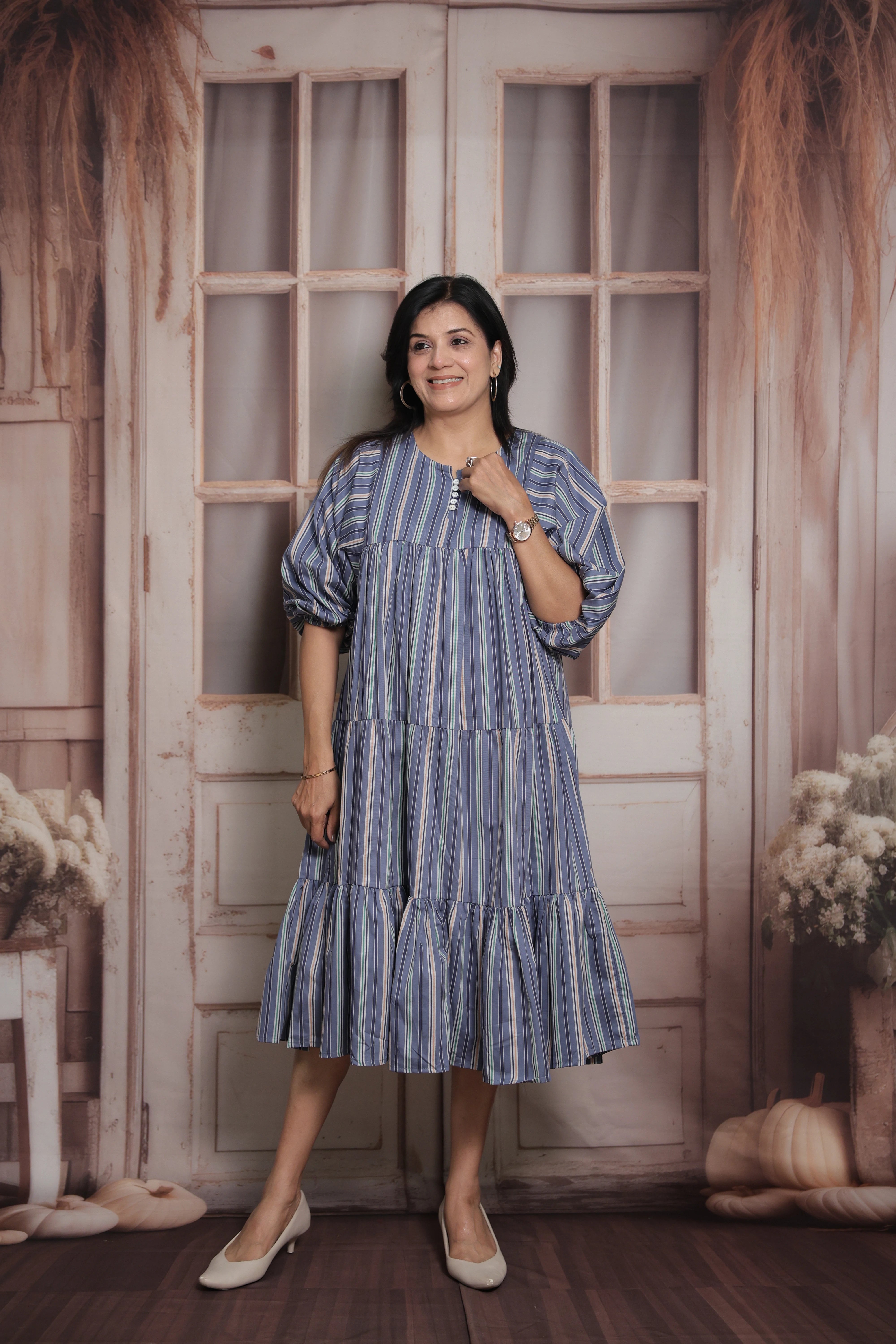 Blue Stripe No-Shoulder Print Long Tunic Dress | Cotton
