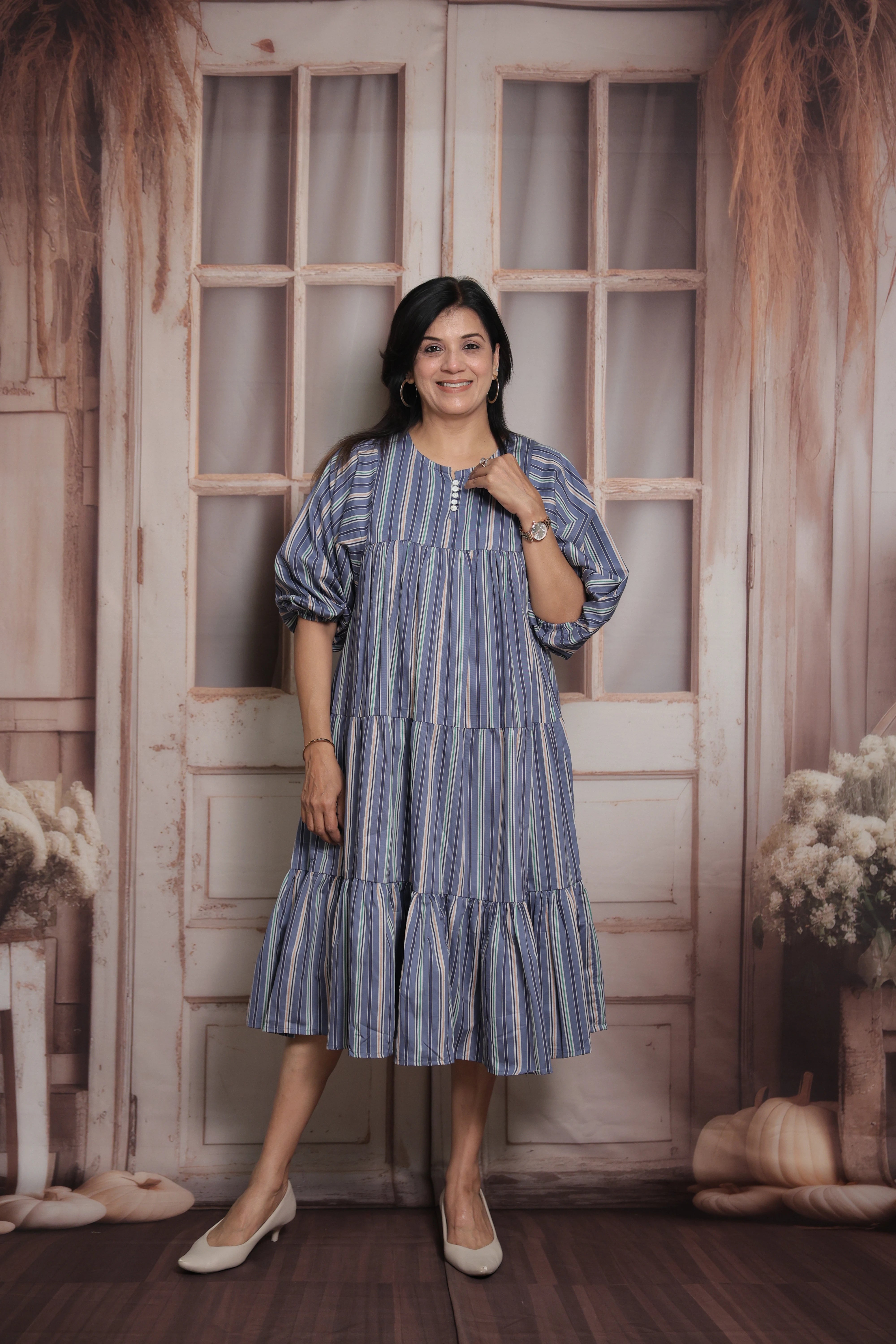 Blue Stripe No-Shoulder Print Long Tunic Dress | Cotton