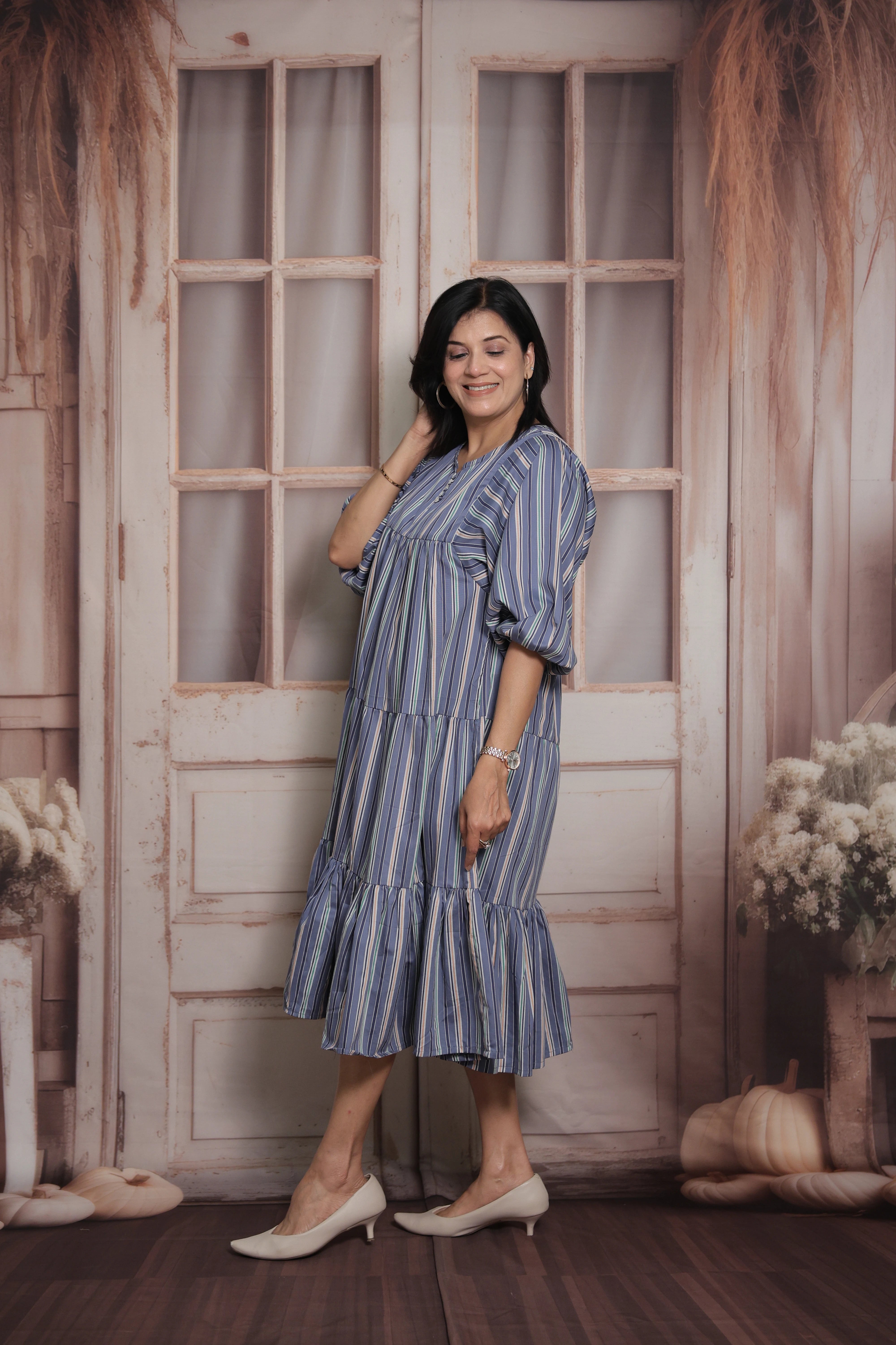 Blue Stripe No-Shoulder Print Long Tunic Dress | Cotton