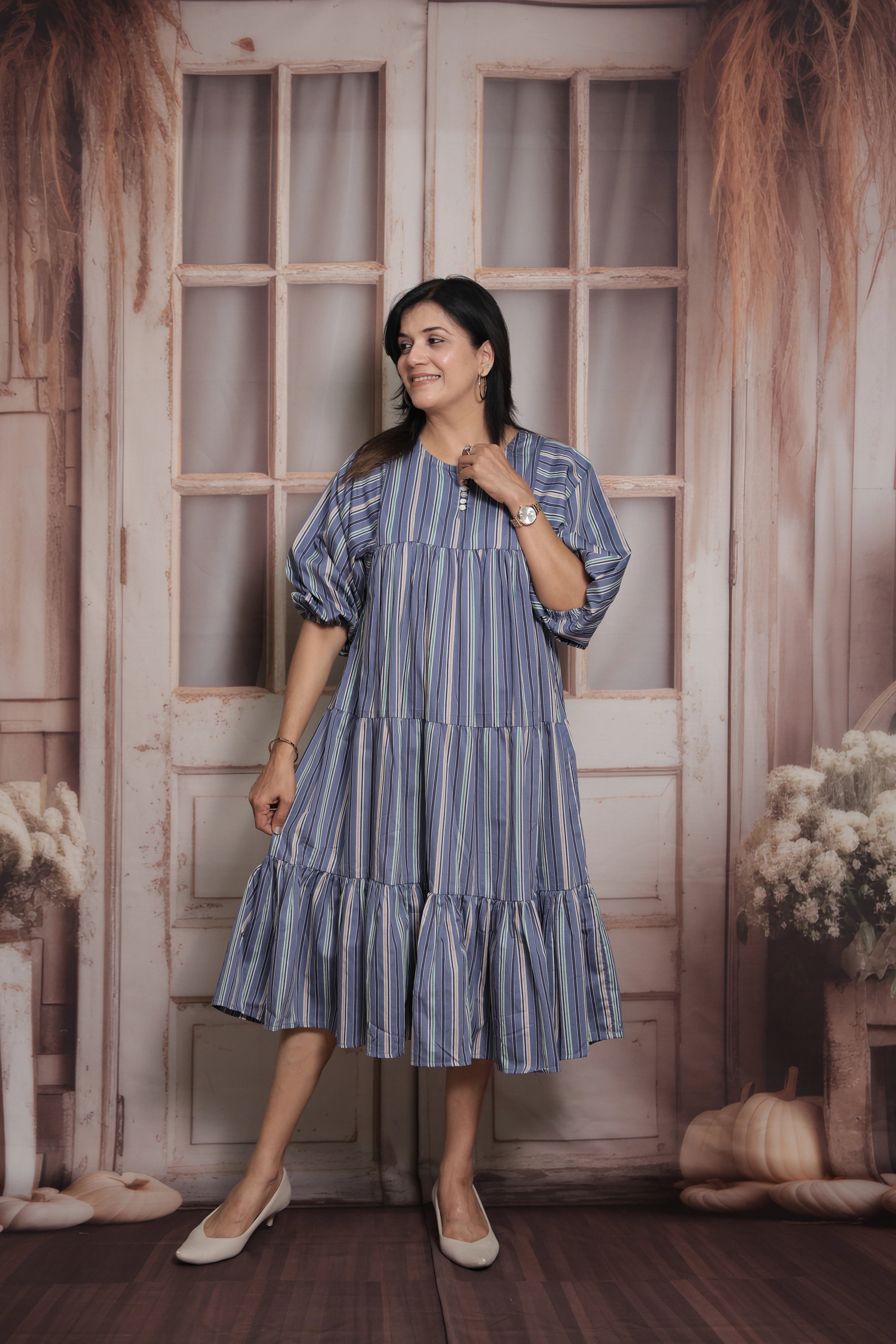 Blue Stripe No-Shoulder Print Long Tunic Dress | Cotton