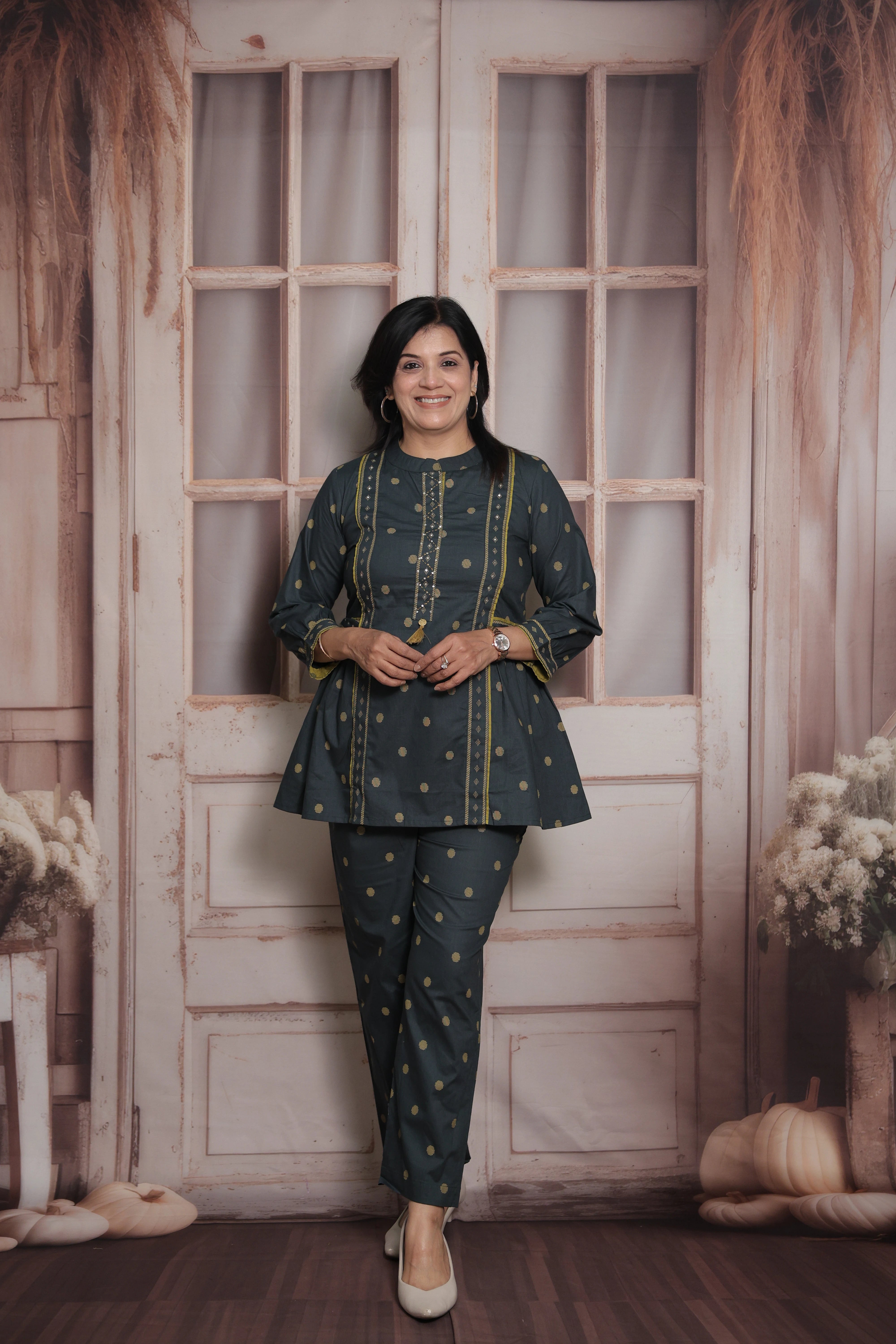 Dark Green Cotton Peplum Top & Pant Co-ord Set | Polka Dot Printed Ethnic Wear