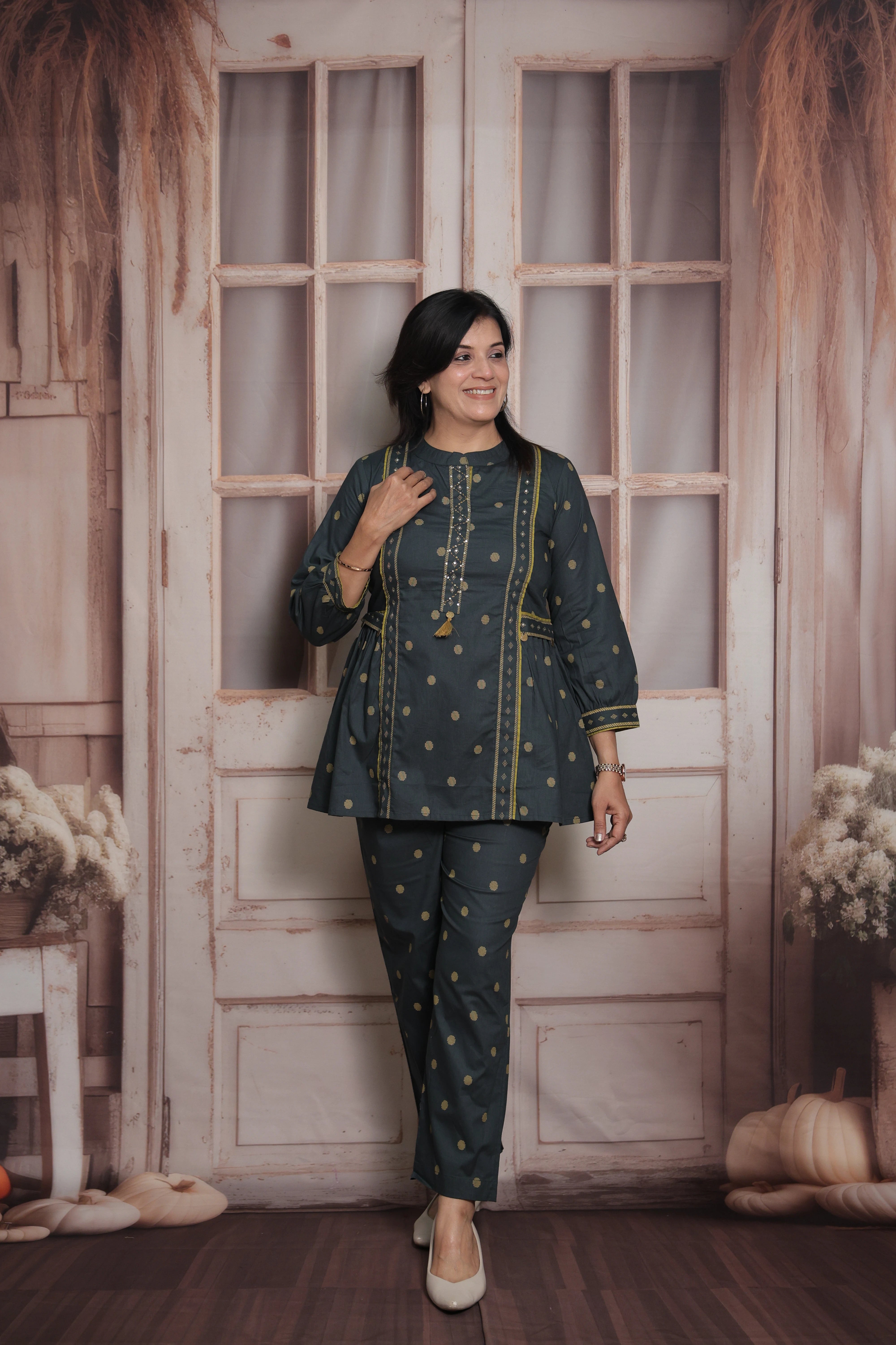 Dark Green Cotton Peplum Top & Pant Co-ord Set | Polka Dot Printed Ethnic Wear