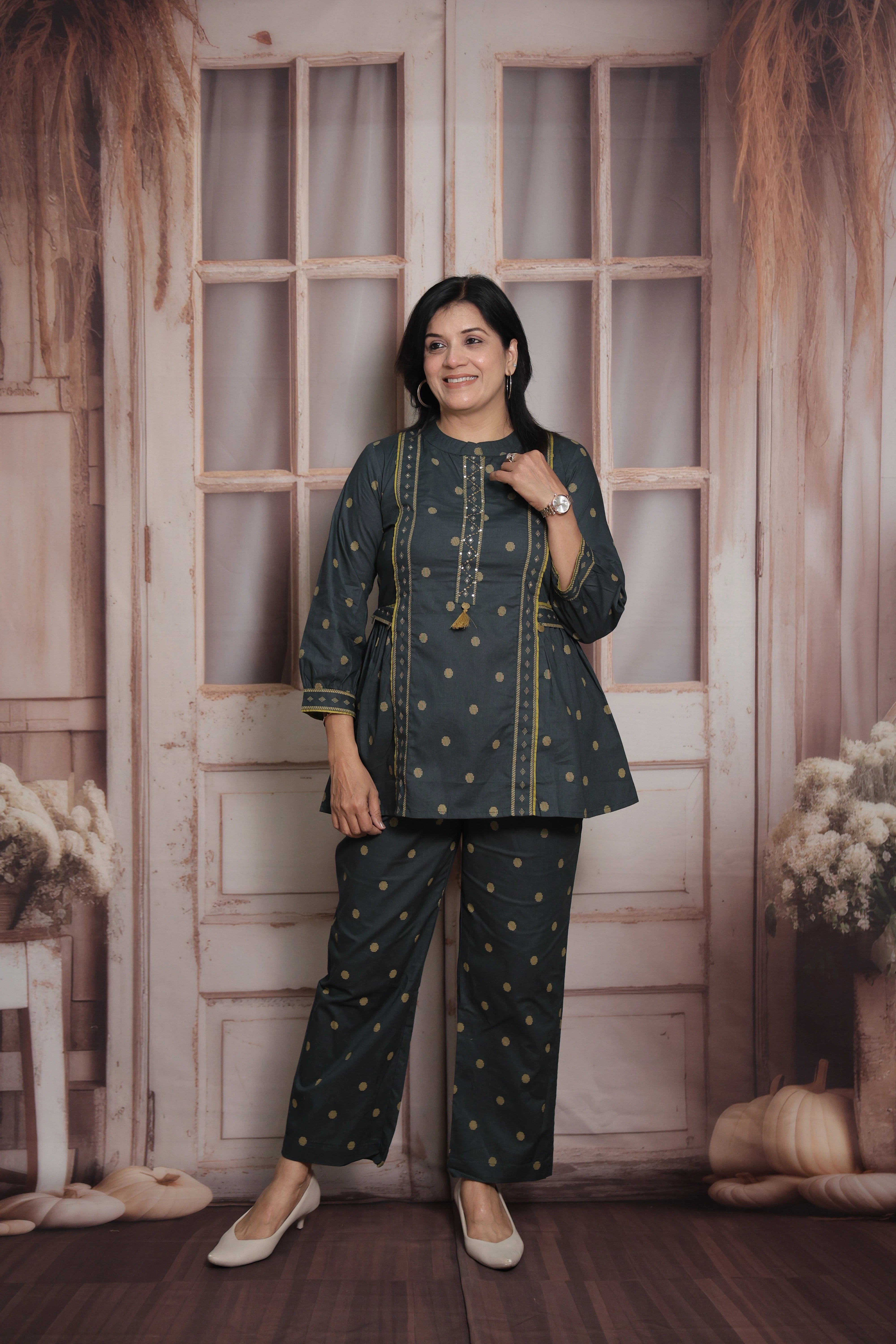 Dark Green Cotton Peplum Top & Pant Co-ord Set | Polka Dot Printed Ethnic Wear