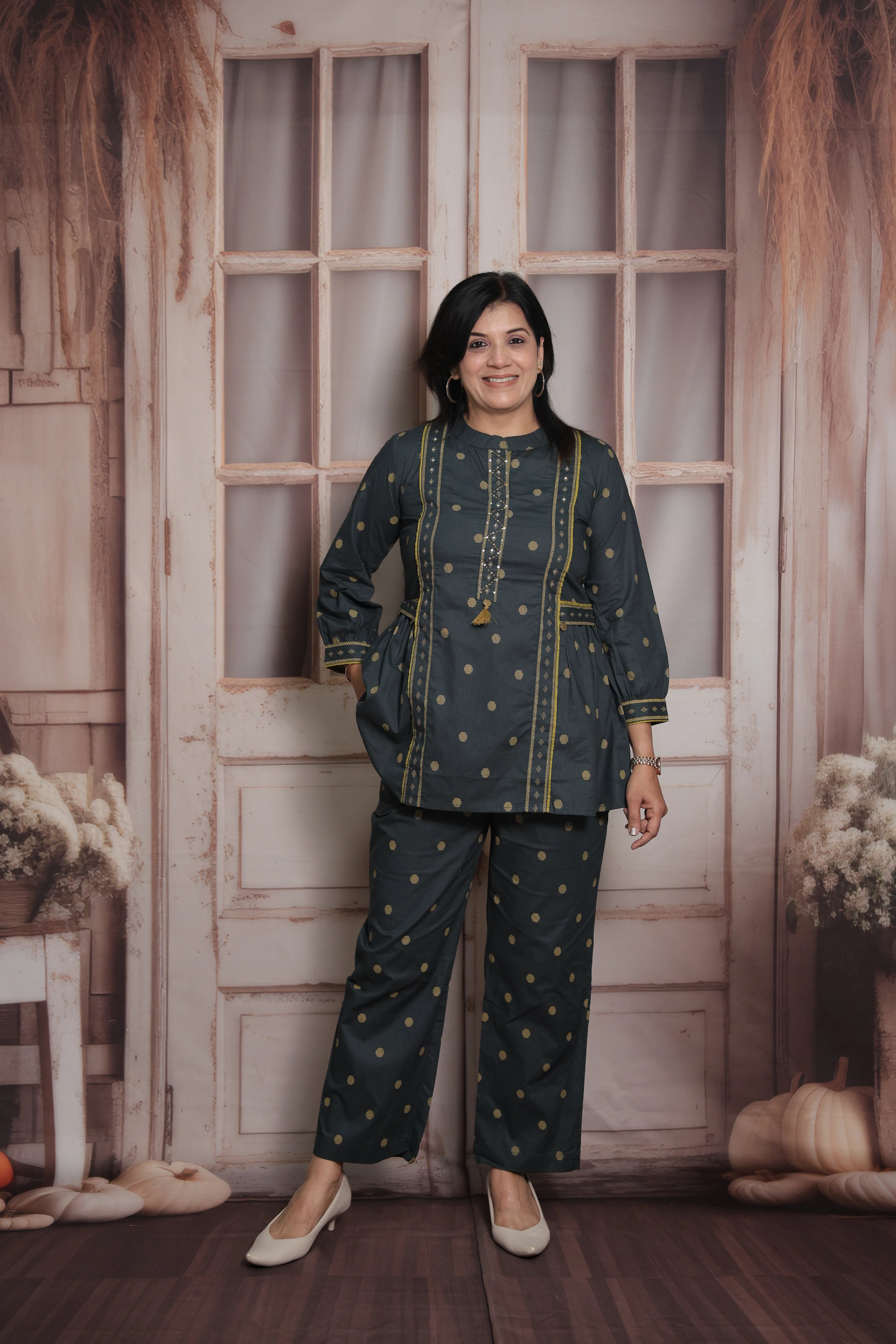 Dark Green Cotton Peplum Top & Pant Co-ord Set | Polka Dot Printed Ethnic Wear