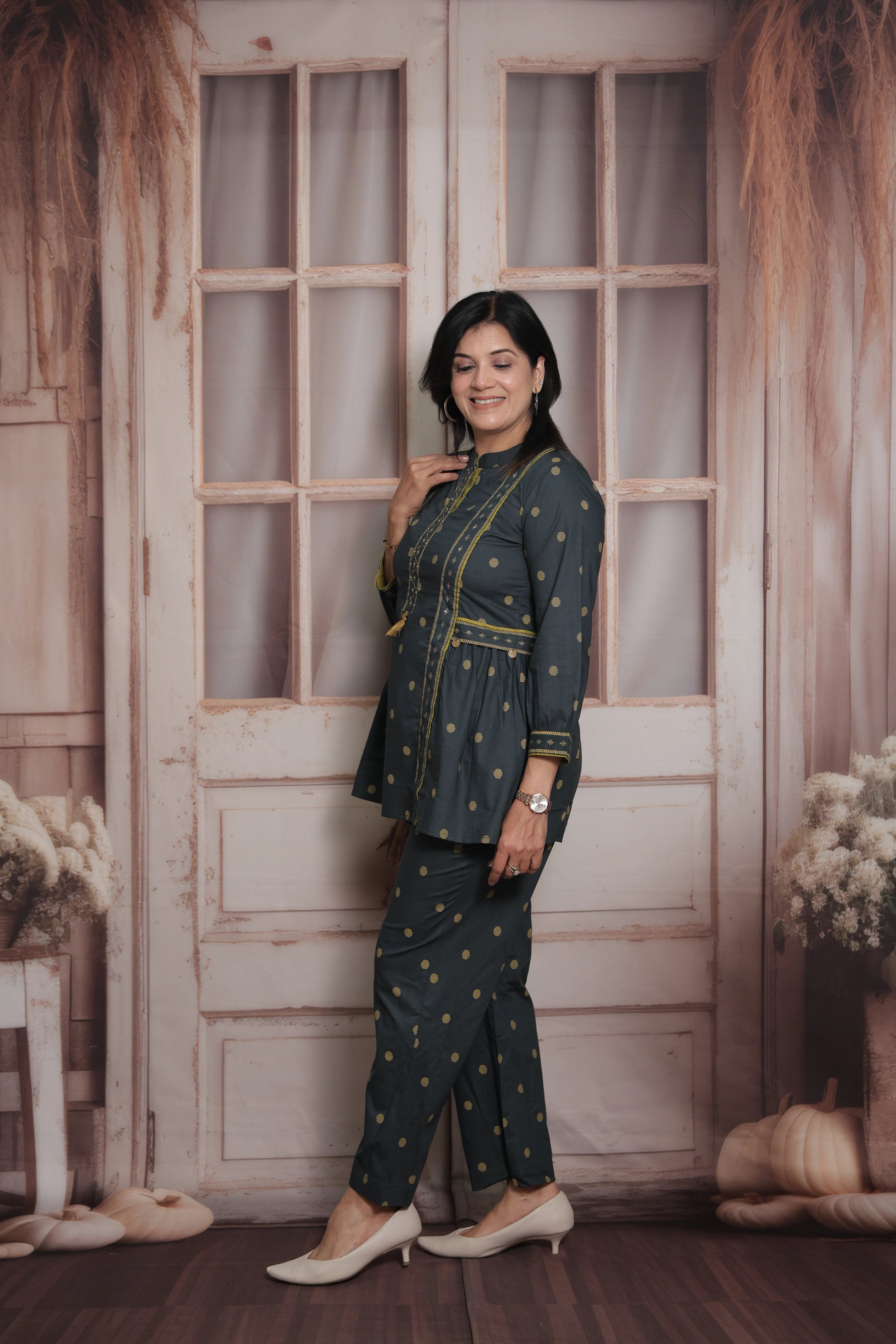 Dark Green Cotton Peplum Top & Pant Co-ord Set | Polka Dot Printed Ethnic Wear