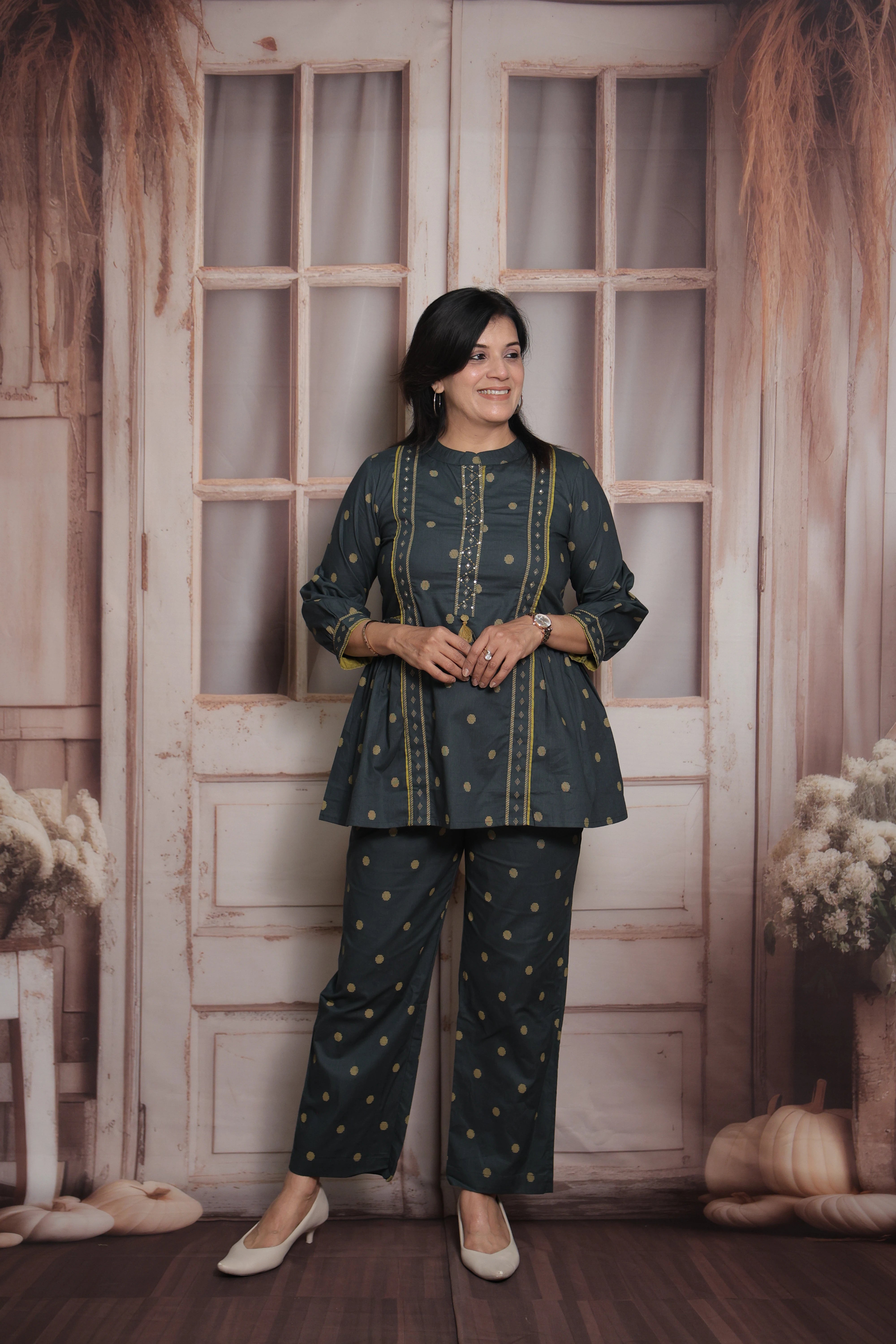 Dark Green Cotton Peplum Top & Pant Co-ord Set | Polka Dot Printed Ethnic Wear