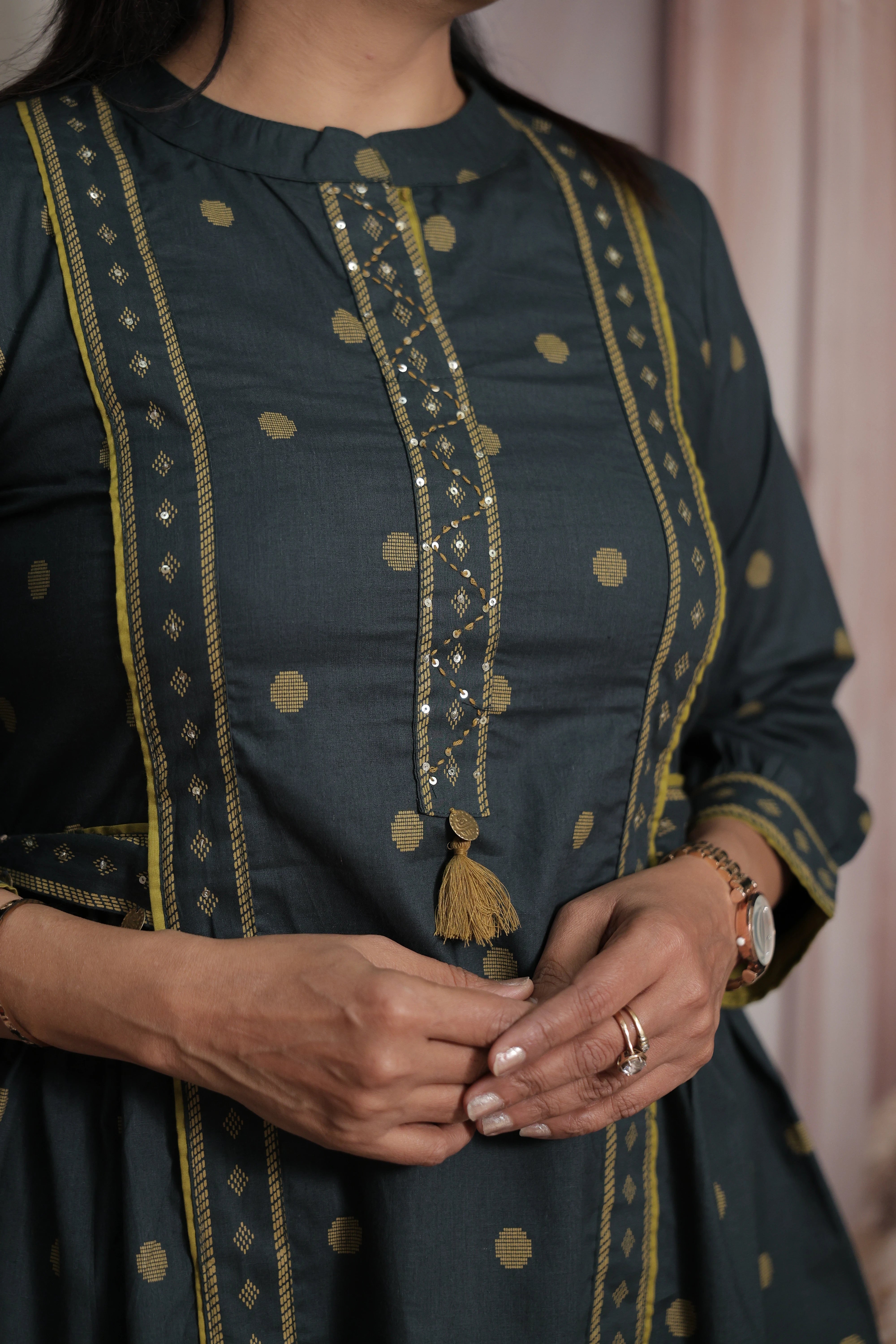 Dark Green Cotton Peplum Top & Pant Co-ord Set | Polka Dot Printed Ethnic Wear