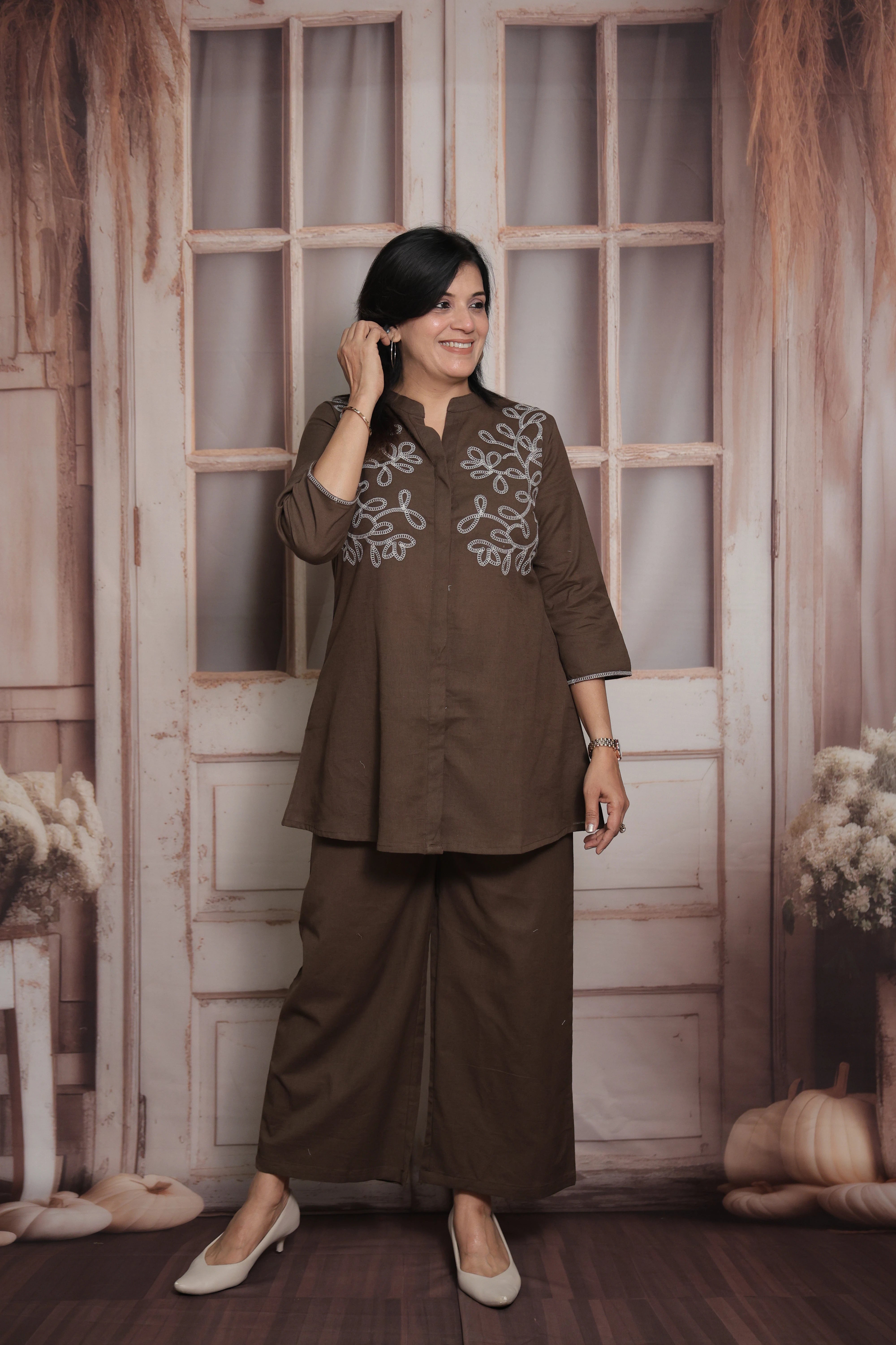 Cocoa Brown Cotton Peplum Top & Pant Co-ord Set | Thread Embroidery Ethnic Wear