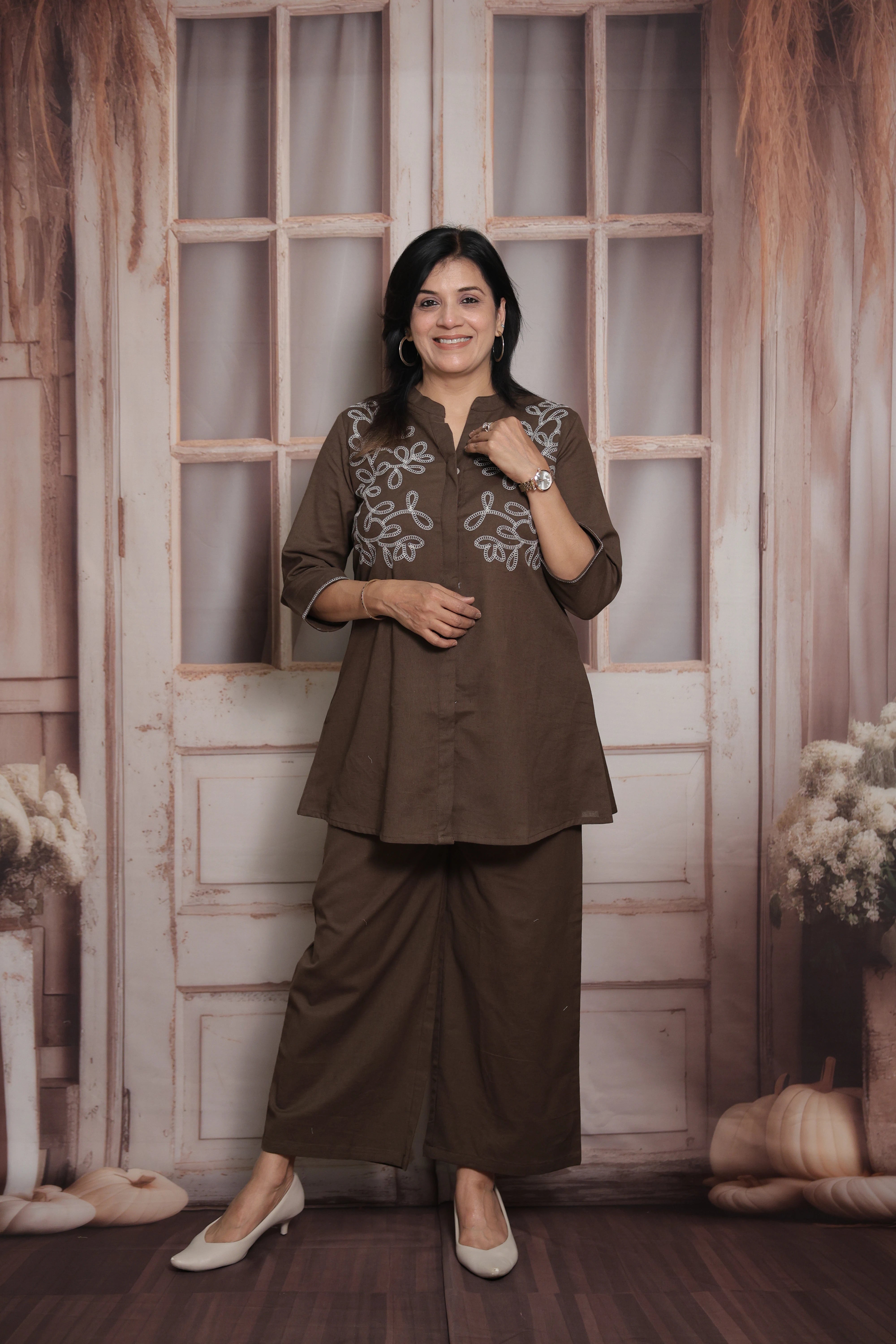 Cocoa Brown Cotton Peplum Top & Pant Co-ord Set | Thread Embroidery Ethnic Wear