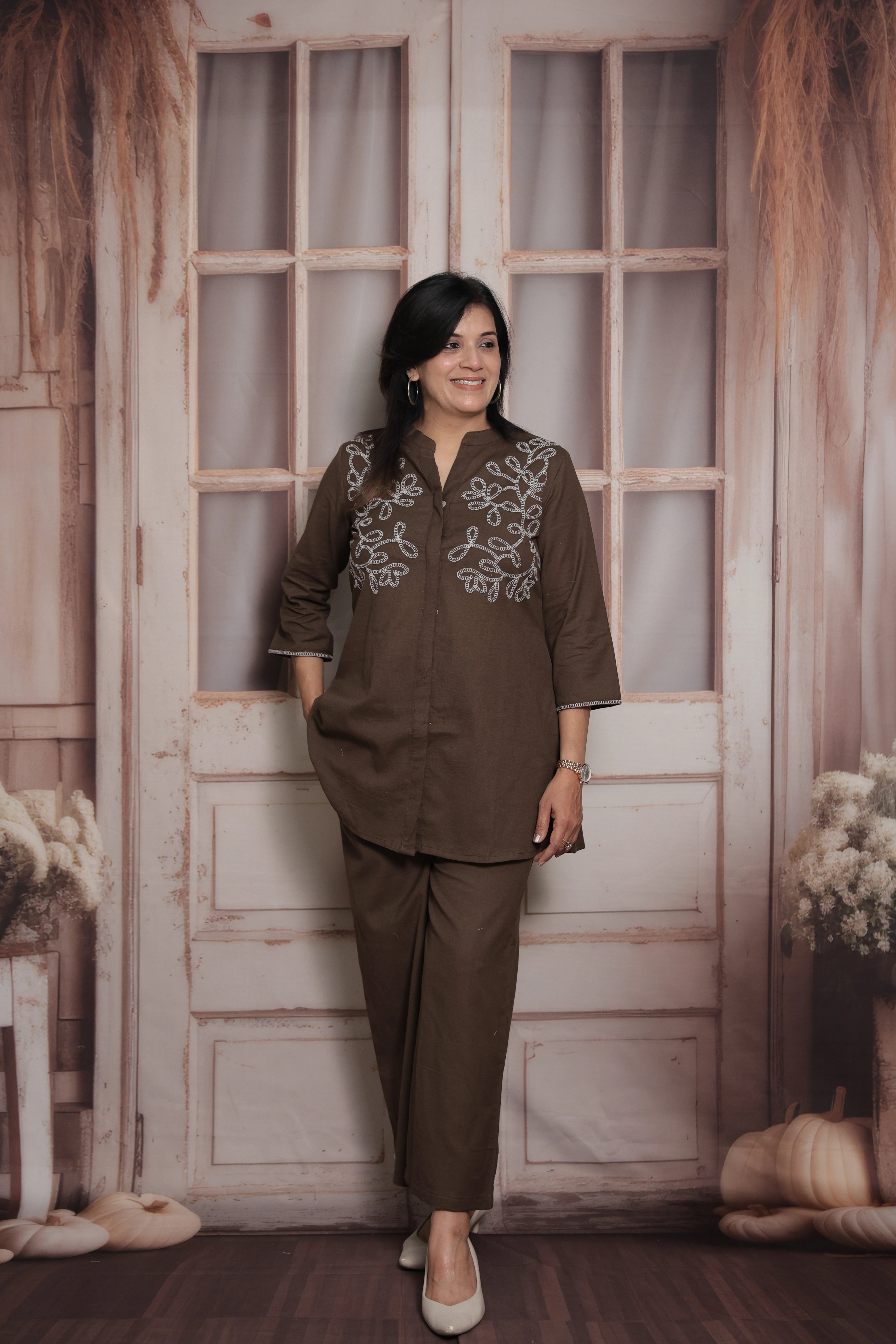 Cocoa Brown Cotton Peplum Top & Pant Co-ord Set | Thread Embroidery Ethnic Wear