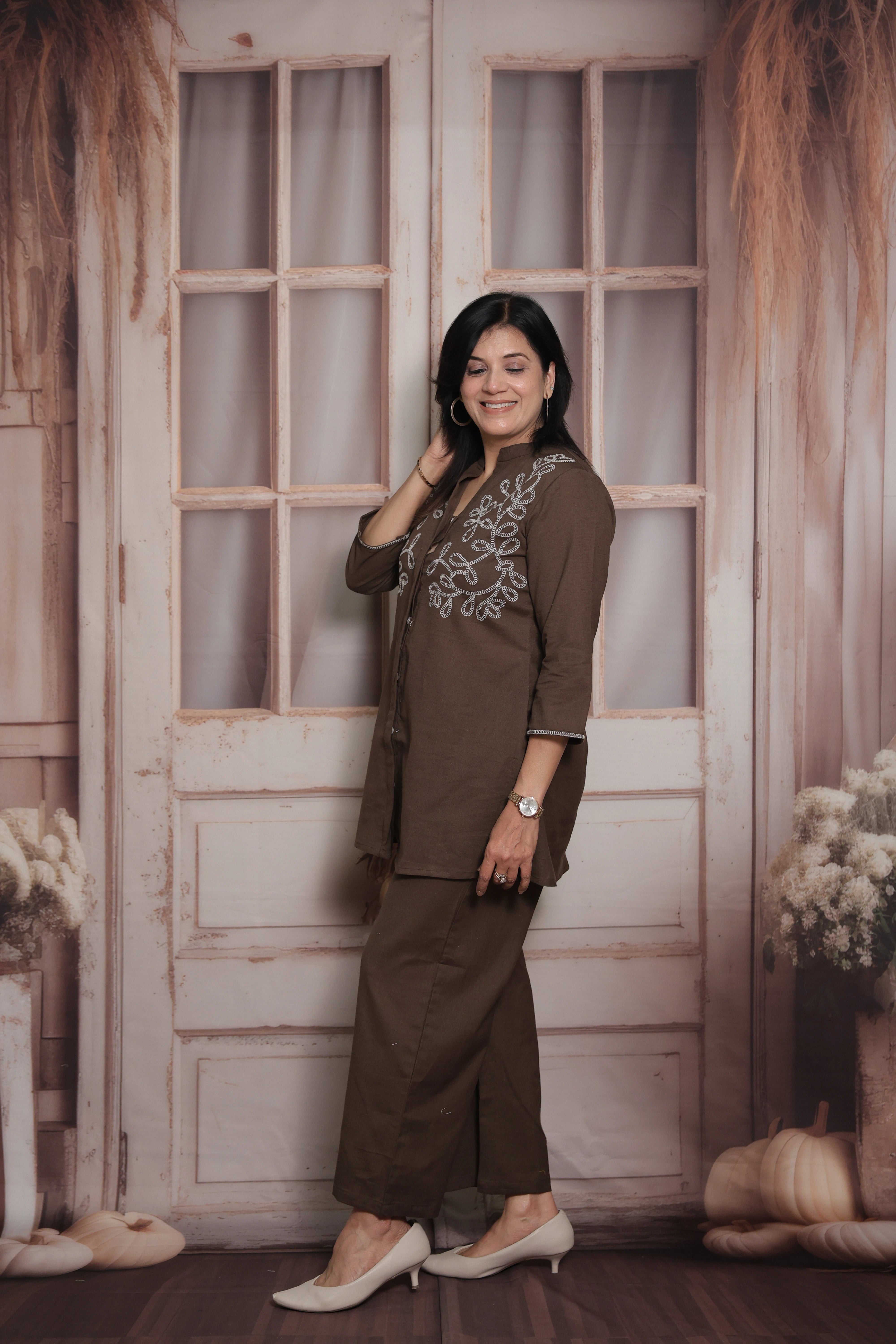 Cocoa Brown Cotton Peplum Top & Pant Co-ord Set | Thread Embroidery Ethnic Wear
