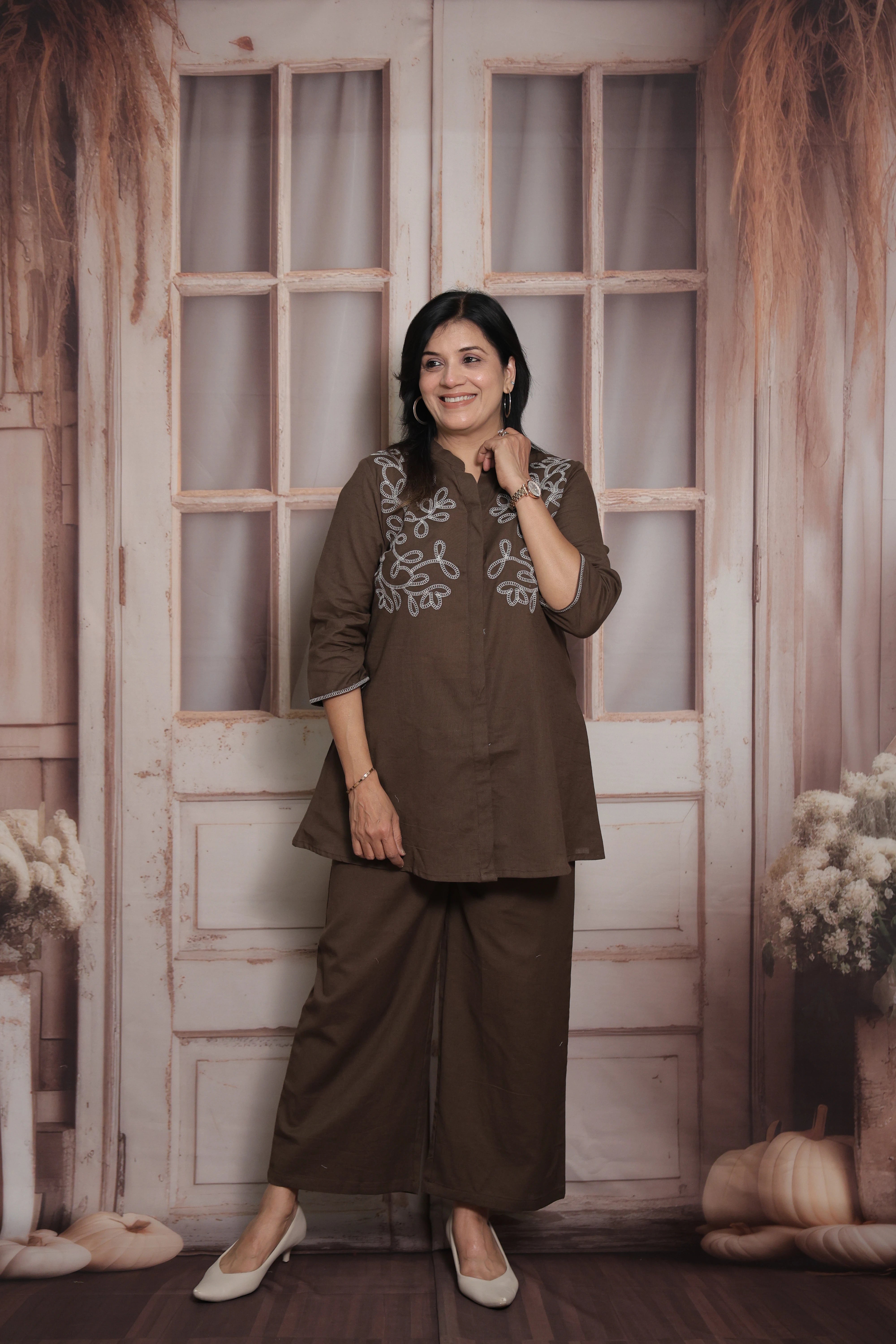 Cocoa Brown Cotton Peplum Top & Pant Co-ord Set | Thread Embroidery Ethnic Wear
