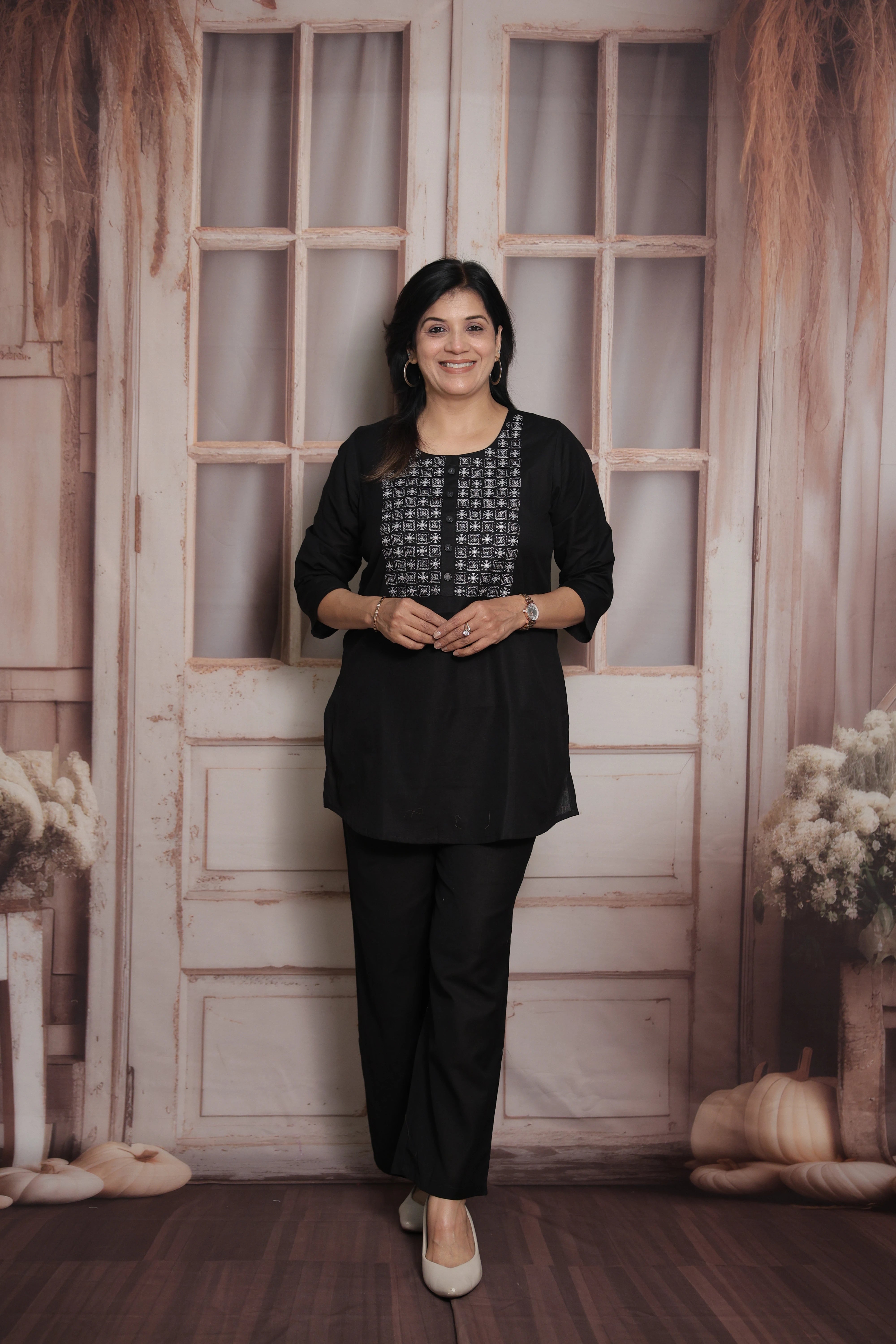Black Cotton Co-ord Set with Mirror & Thread Embroidery