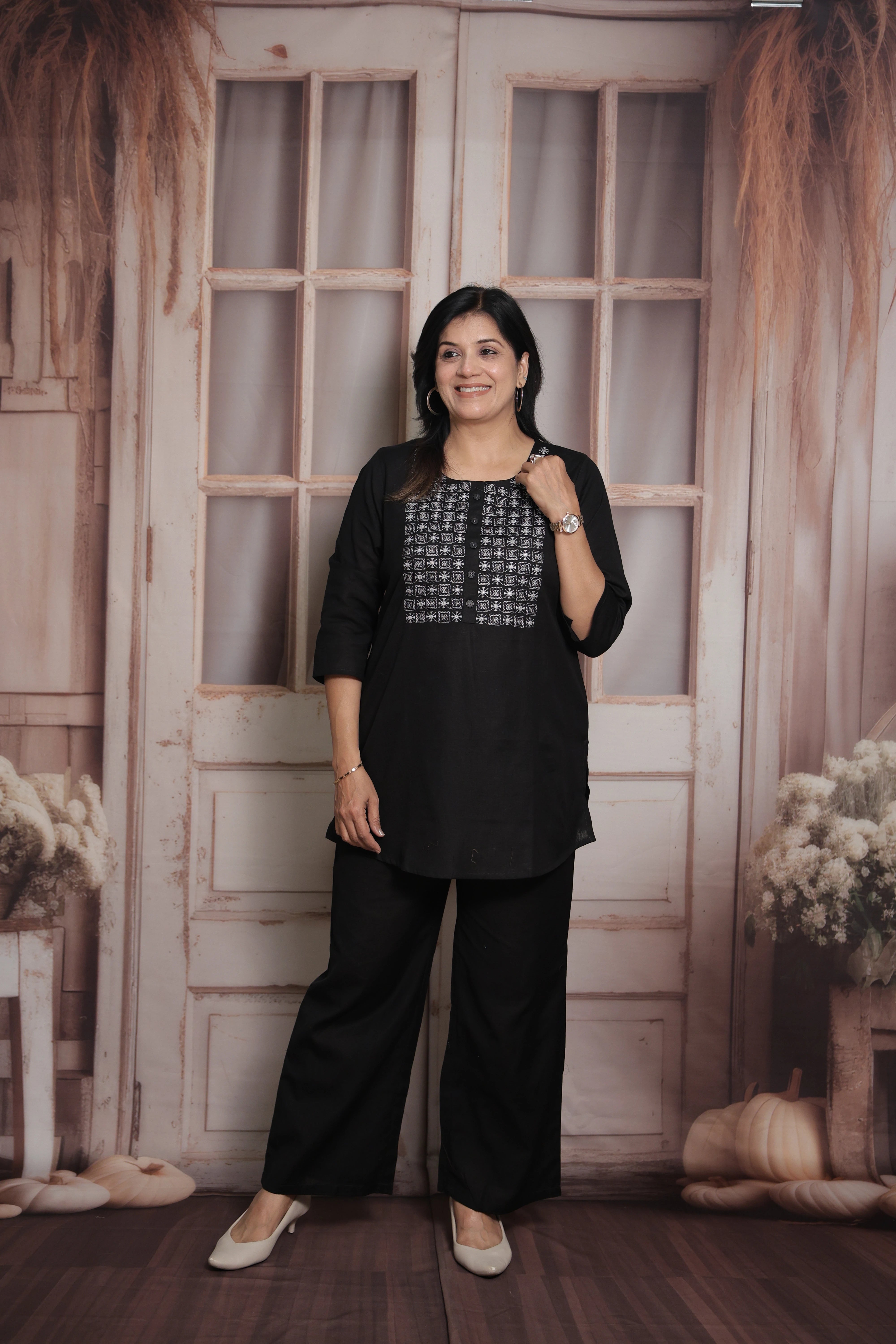 Black Cotton Co-ord Set with Mirror & Thread Embroidery