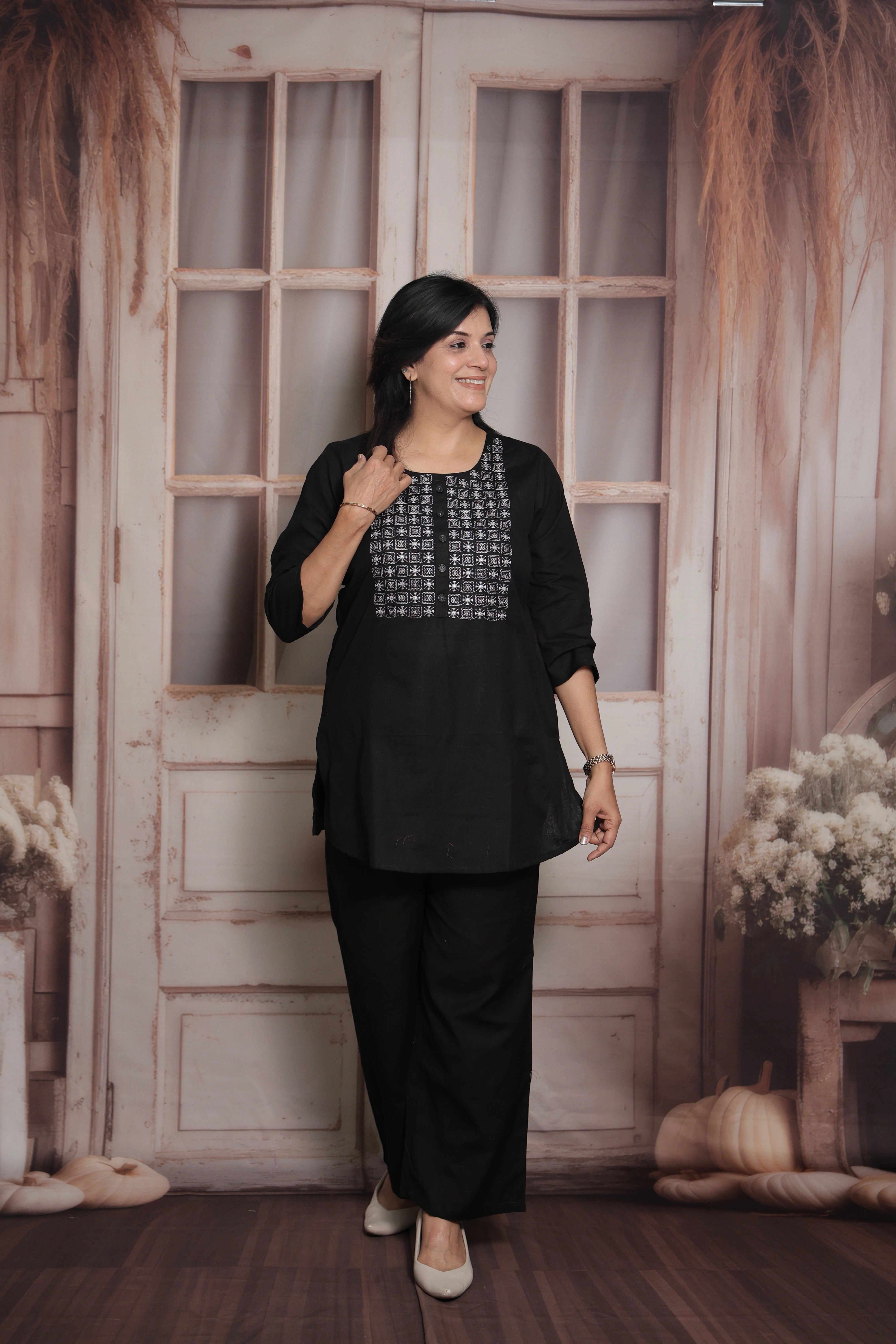 Black Cotton Co-ord Set with Mirror & Thread Embroidery