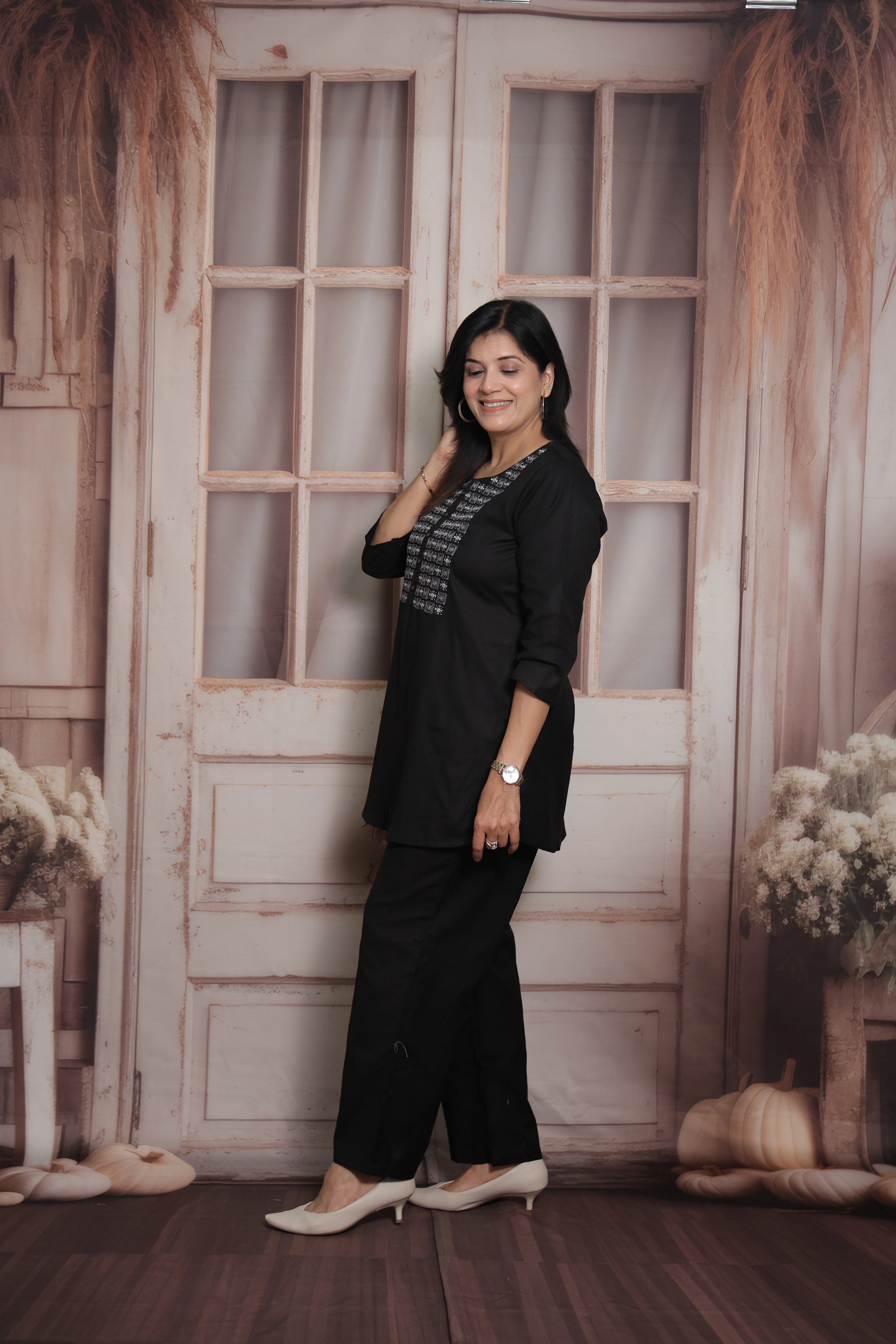 Black Cotton Co-ord Set with Mirror & Thread Embroidery