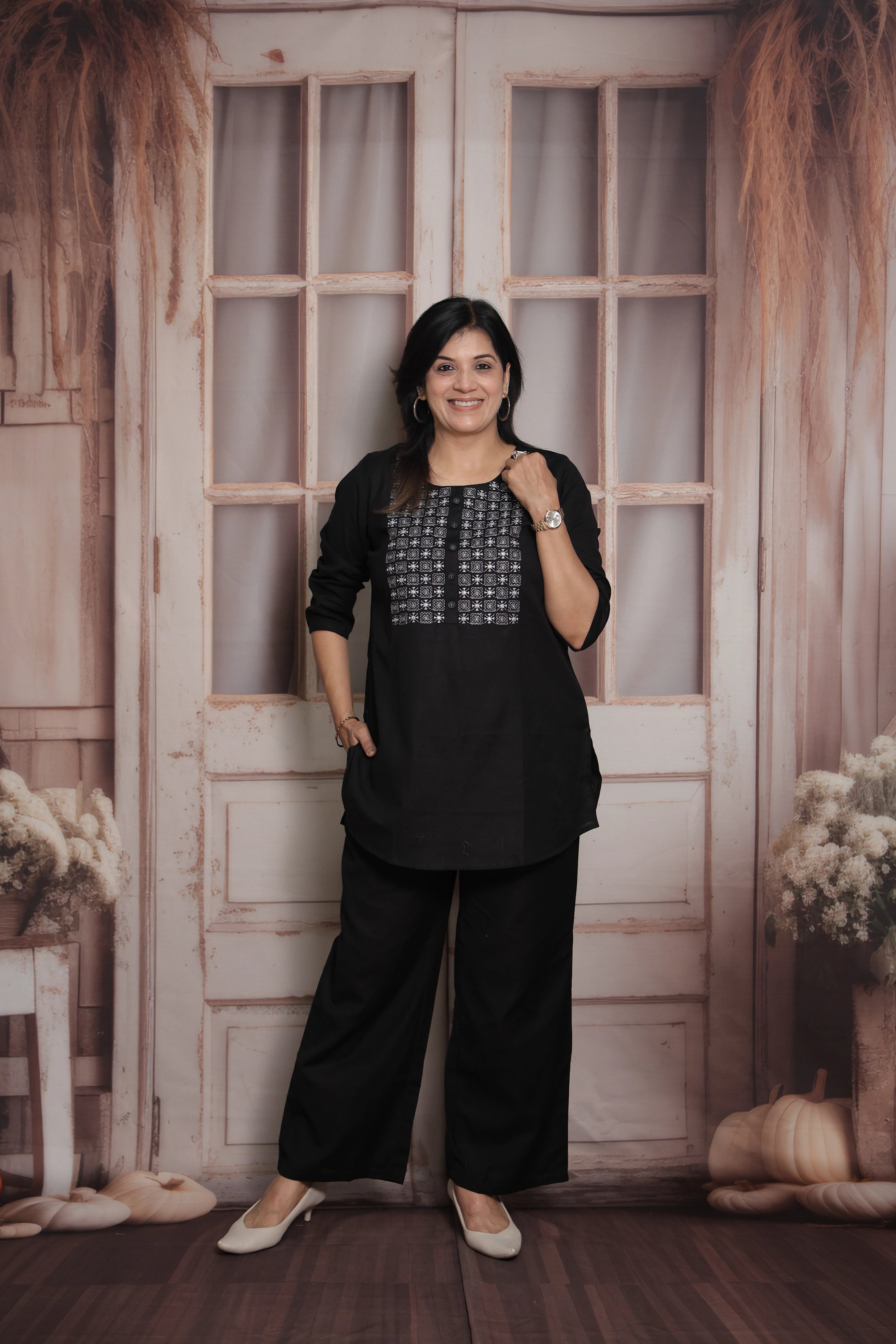 Black Cotton Co-ord Set with Mirror & Thread Embroidery