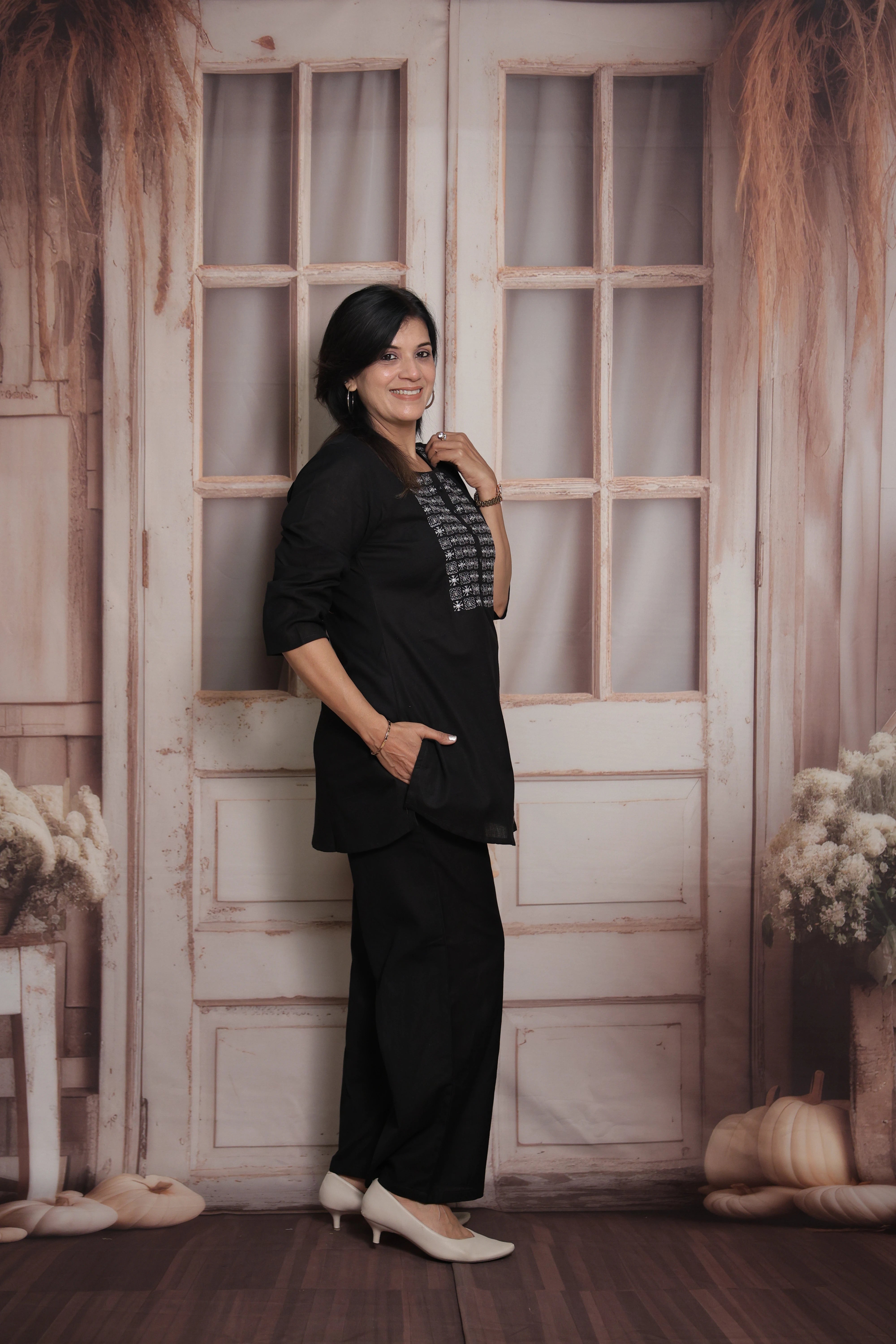 Black Cotton Co-ord Set with Mirror & Thread Embroidery
