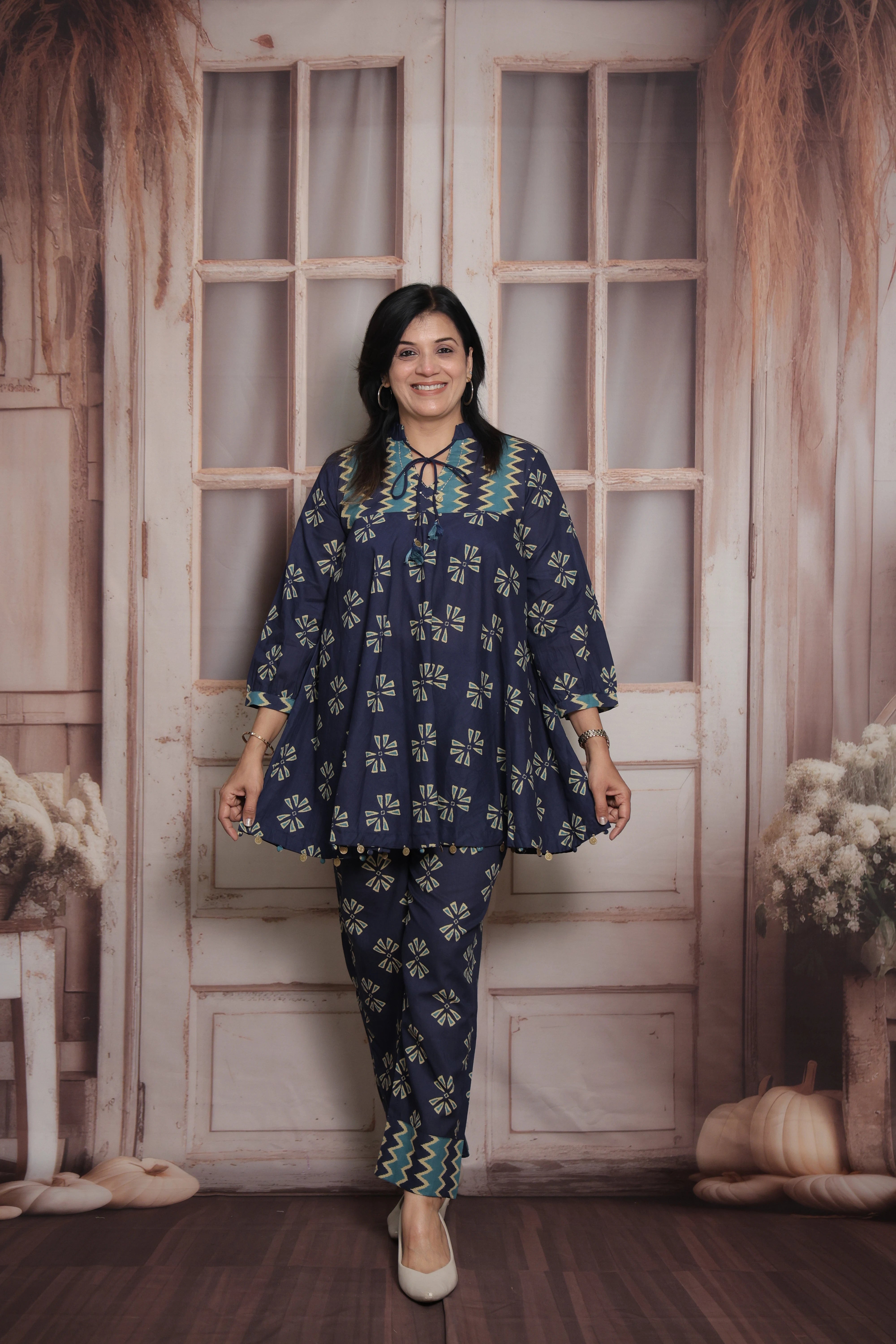 Navy Blue Cotton Peplum Top & Pant Co-ord Set | Gamthi Printed Ethnic Wear