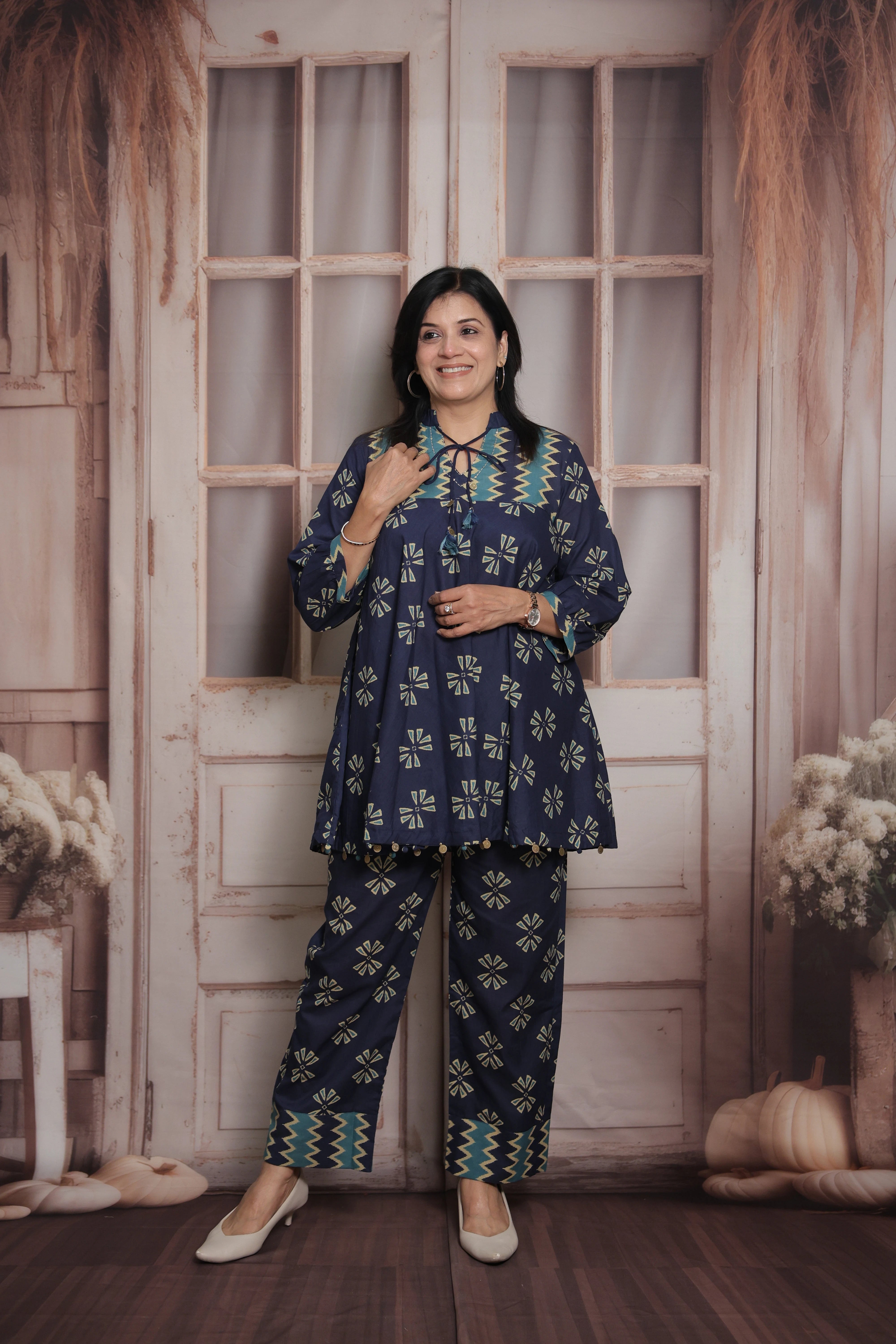 Navy Blue Cotton Peplum Top & Pant Co-ord Set | Gamthi Printed Ethnic Wear
