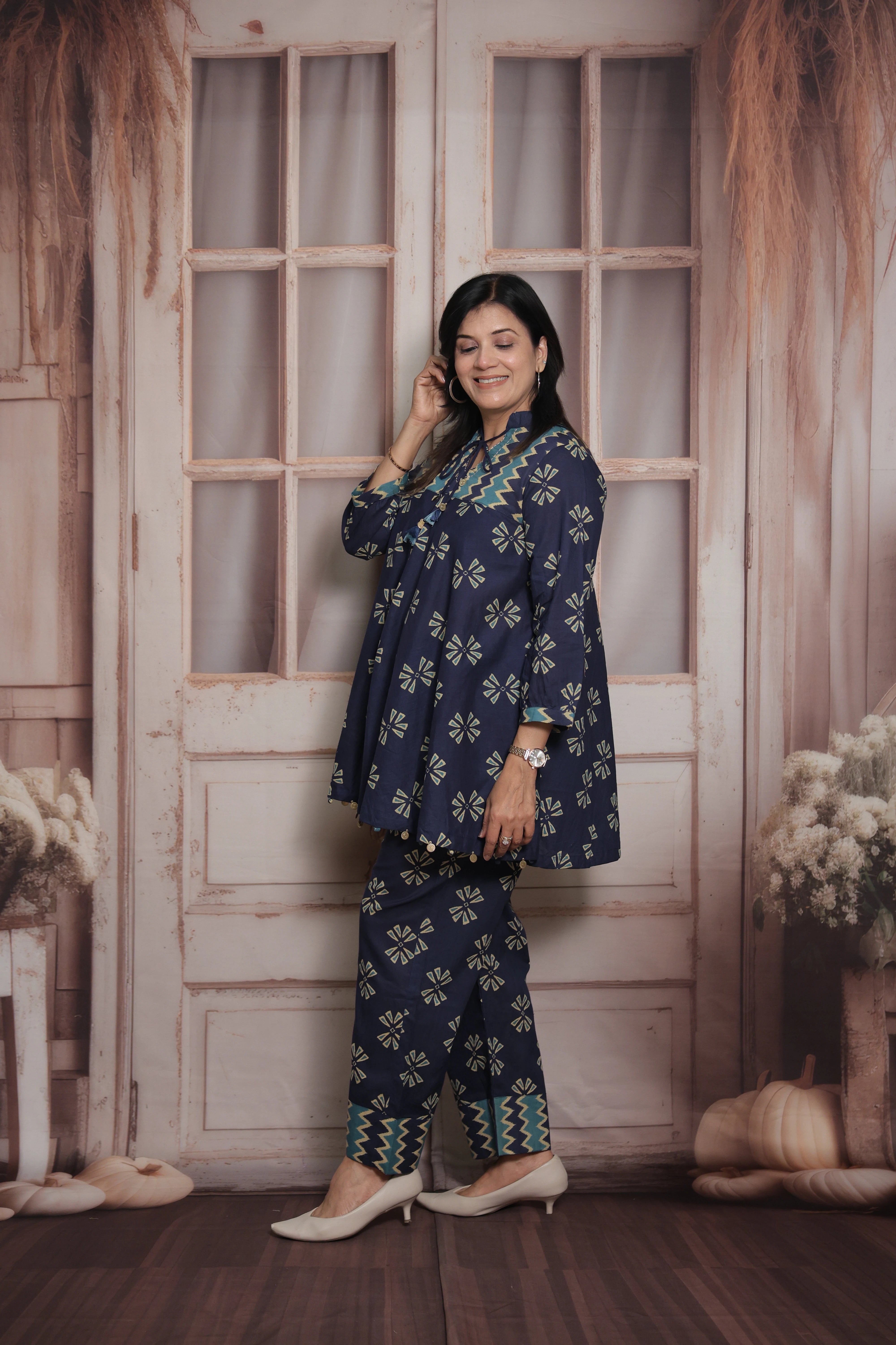 Navy Blue Cotton Peplum Top & Pant Co-ord Set | Gamthi Printed Ethnic Wear