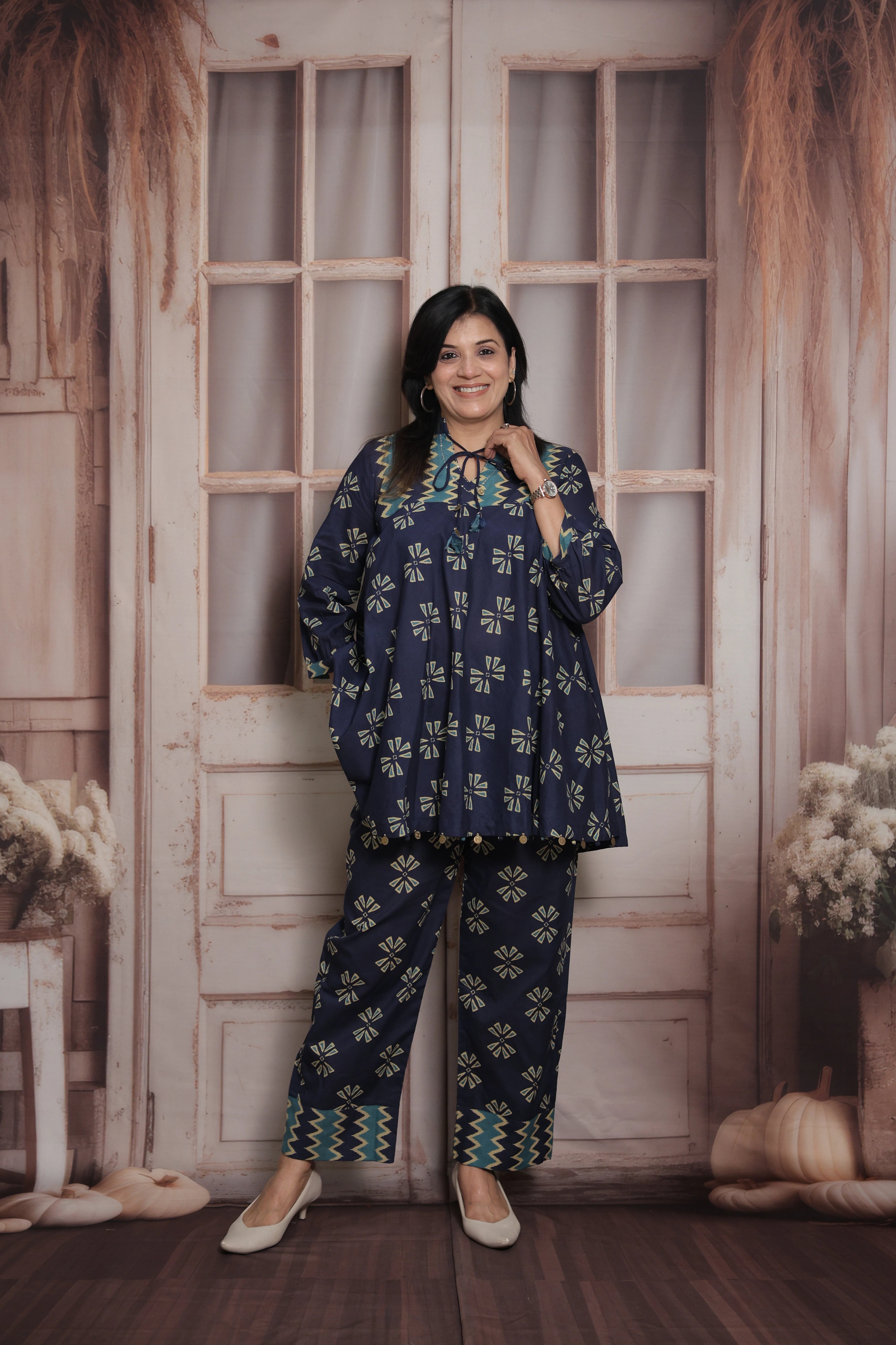 Navy Blue Cotton Peplum Top & Pant Co-ord Set | Gamthi Printed Ethnic Wear