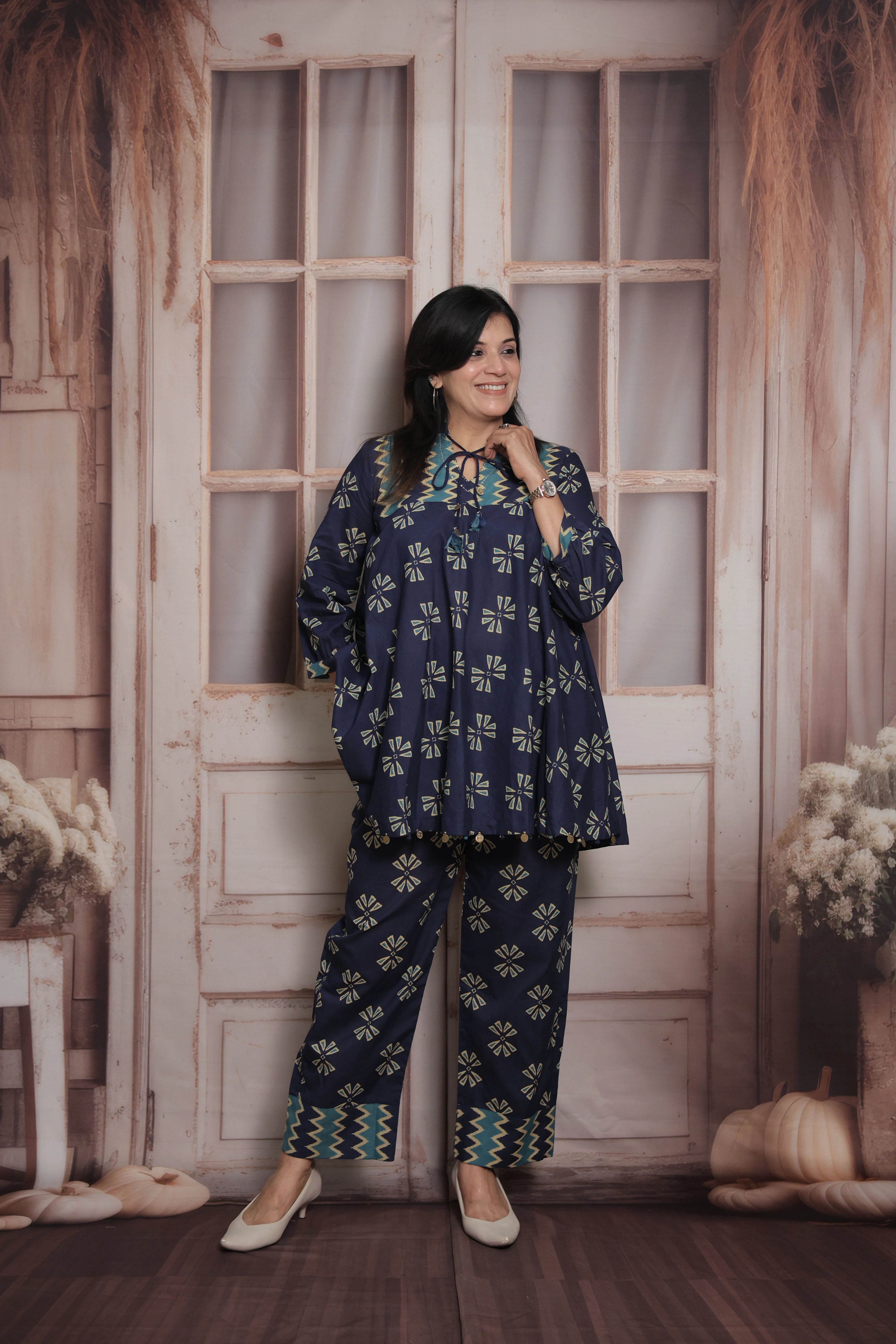 Navy Blue Cotton Peplum Top & Pant Co-ord Set | Gamthi Printed Ethnic Wear
