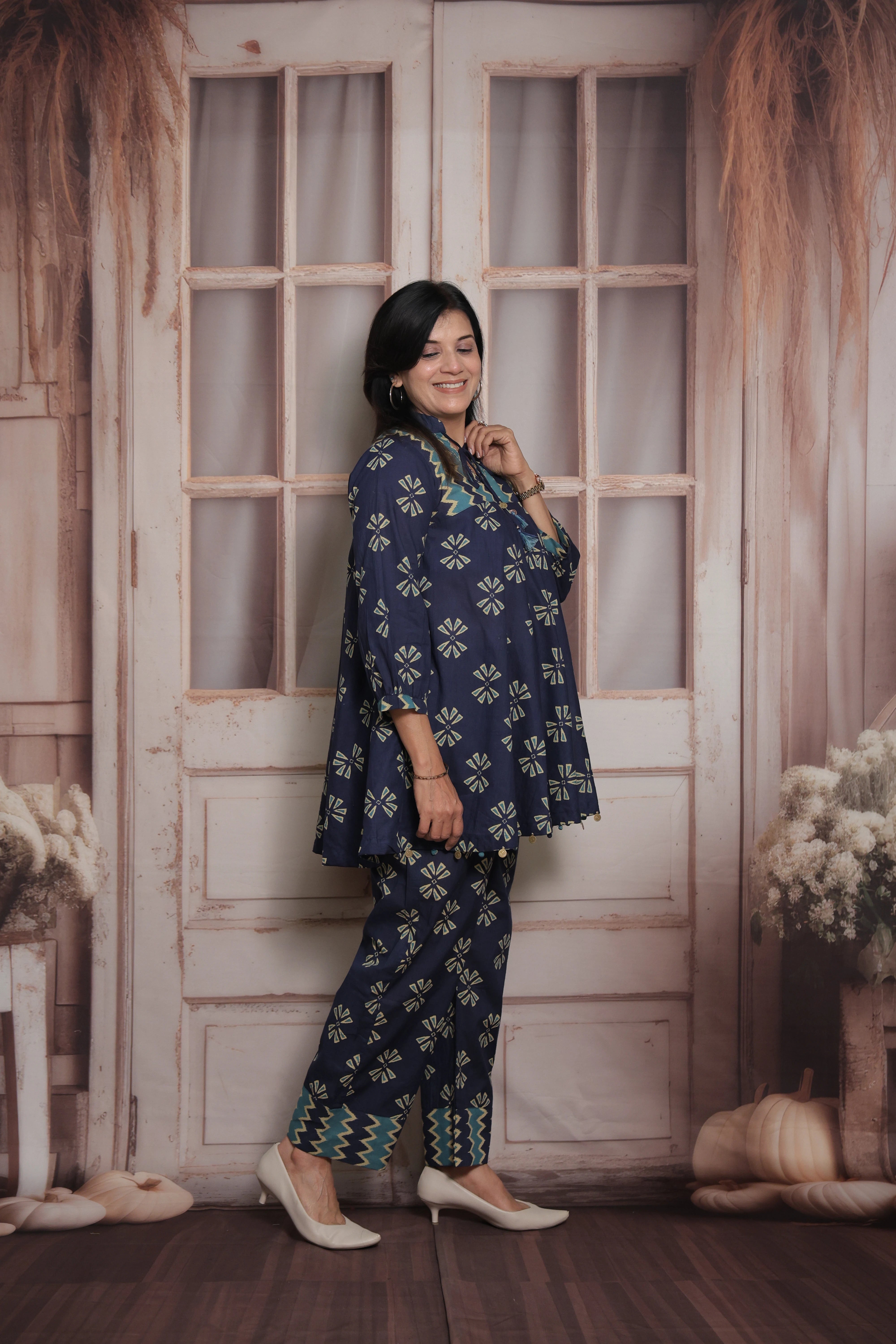 Navy Blue Cotton Peplum Top & Pant Co-ord Set | Gamthi Printed Ethnic Wear