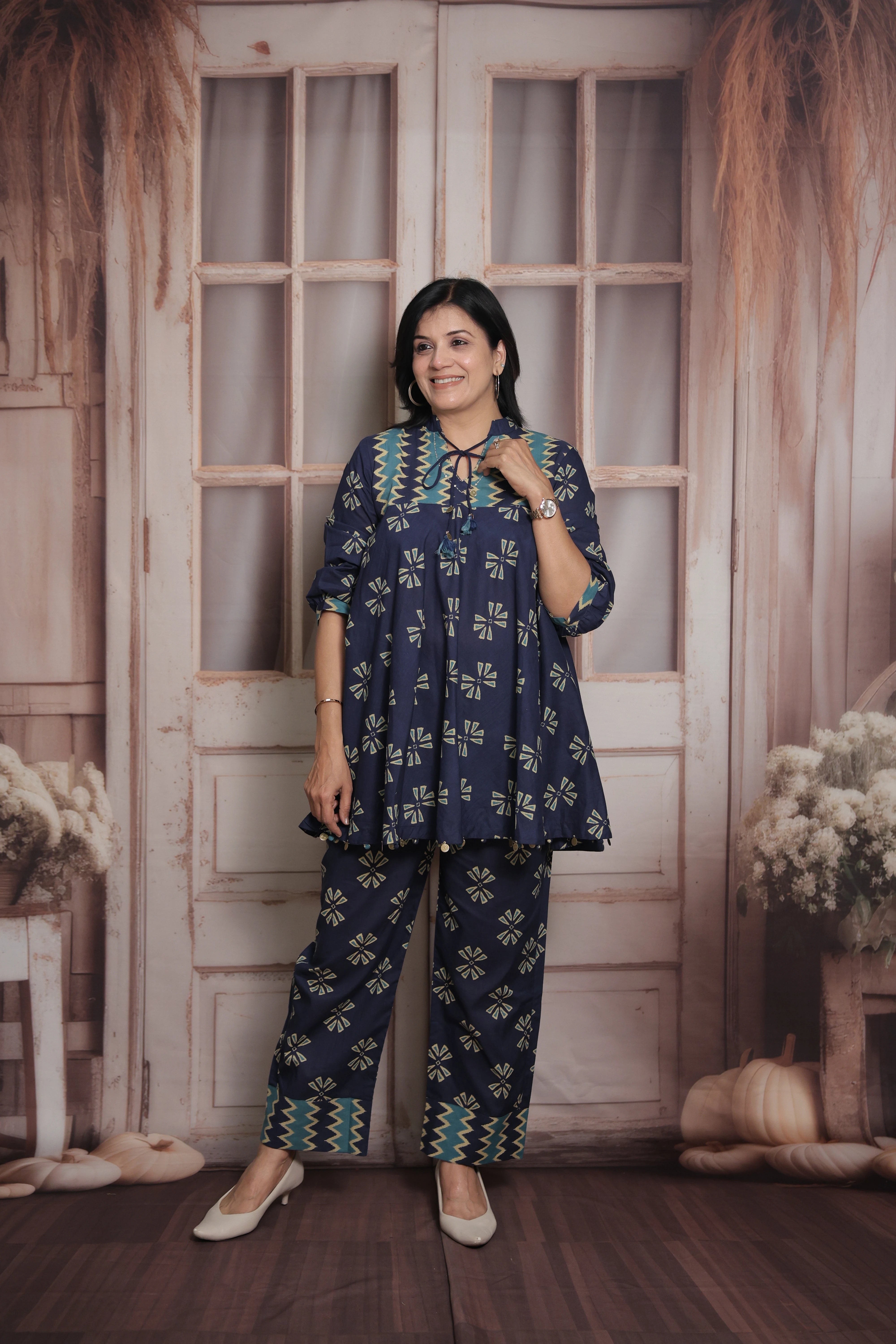 Navy Blue Cotton Peplum Top & Pant Co-ord Set | Gamthi Printed Ethnic Wear
