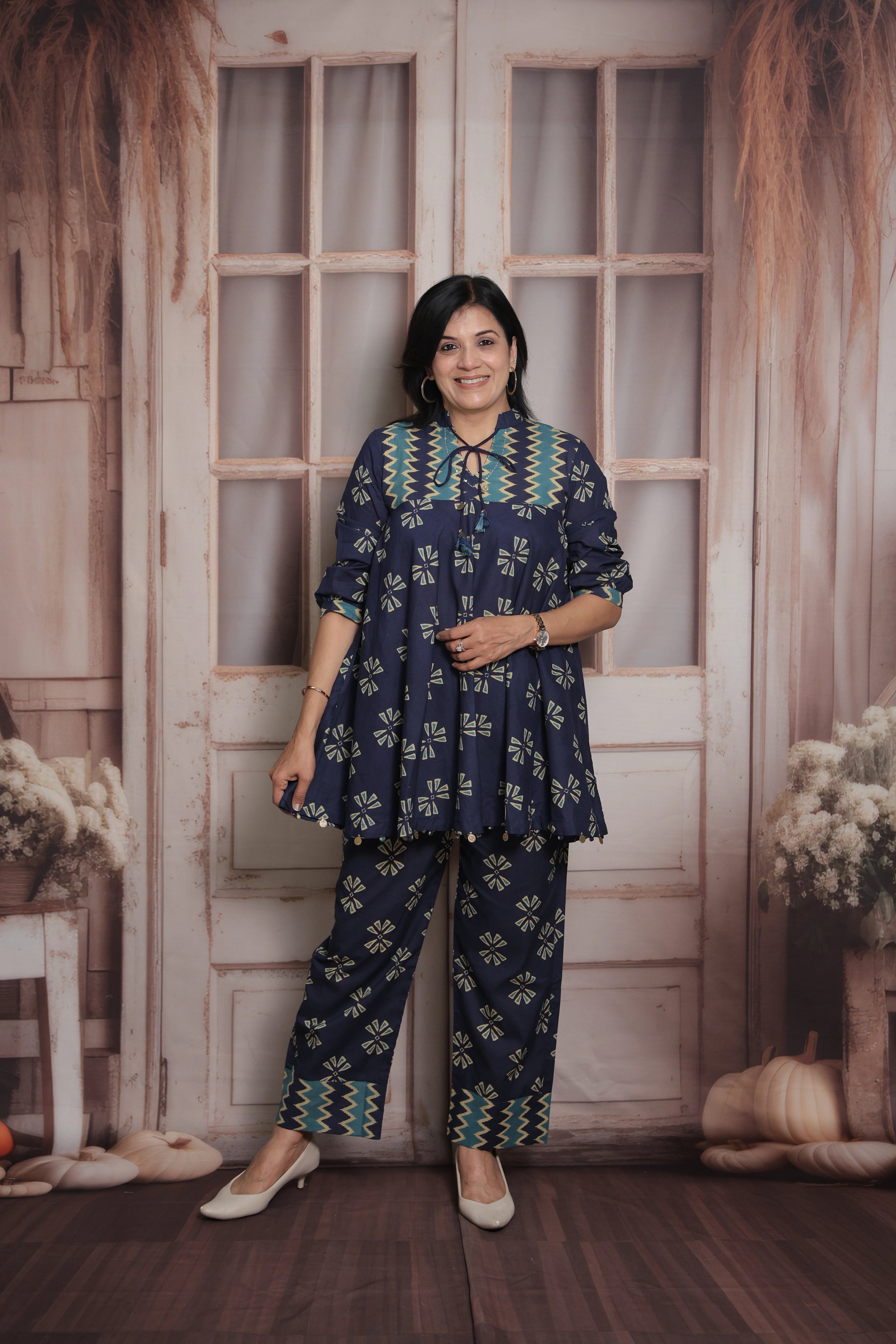 Navy Blue Cotton Peplum Top & Pant Co-ord Set | Gamthi Printed Ethnic Wear