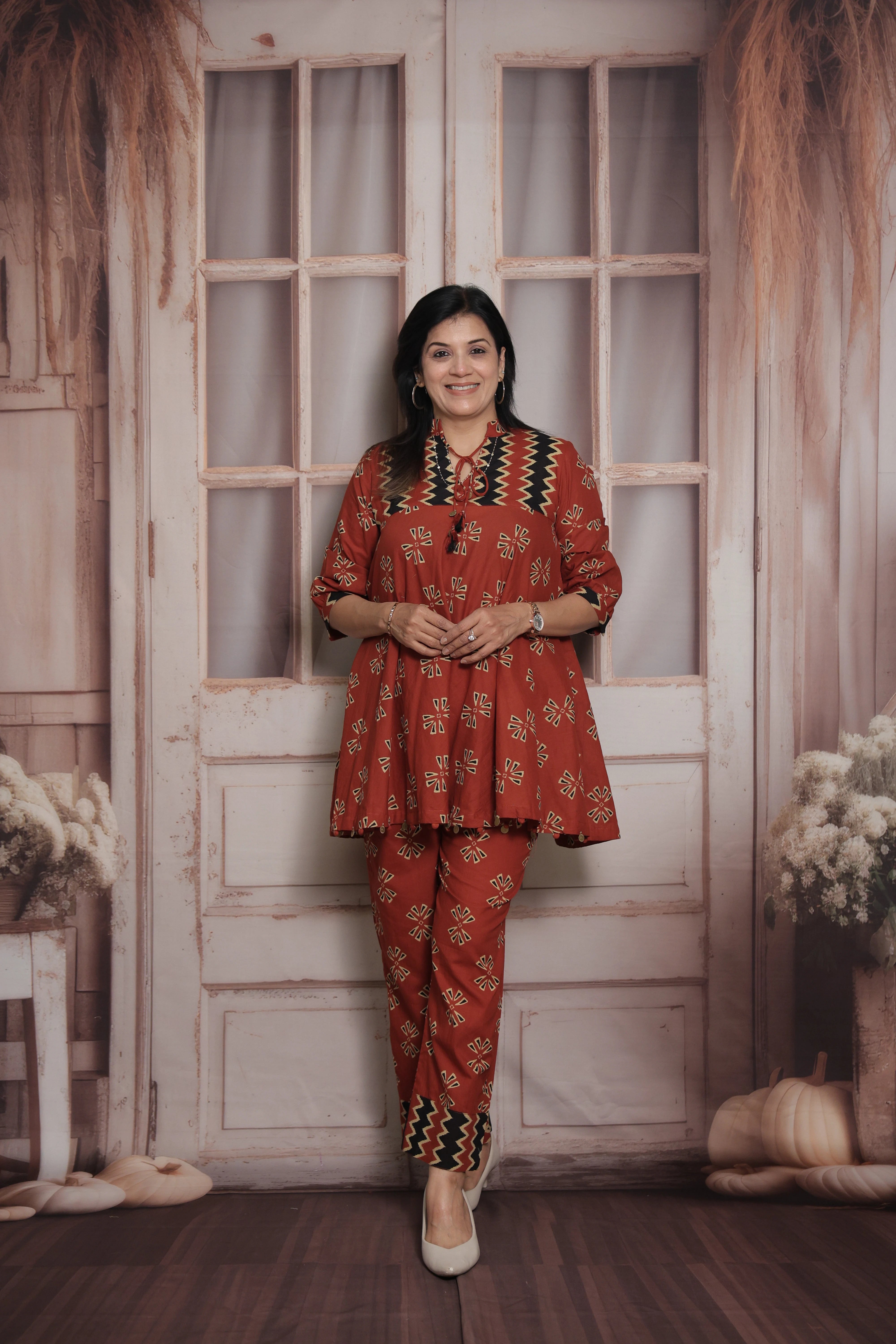 Brick Red Cotton Peplum Top & Pant Co-ord Set | Gamthi Printed Ethnic Wear