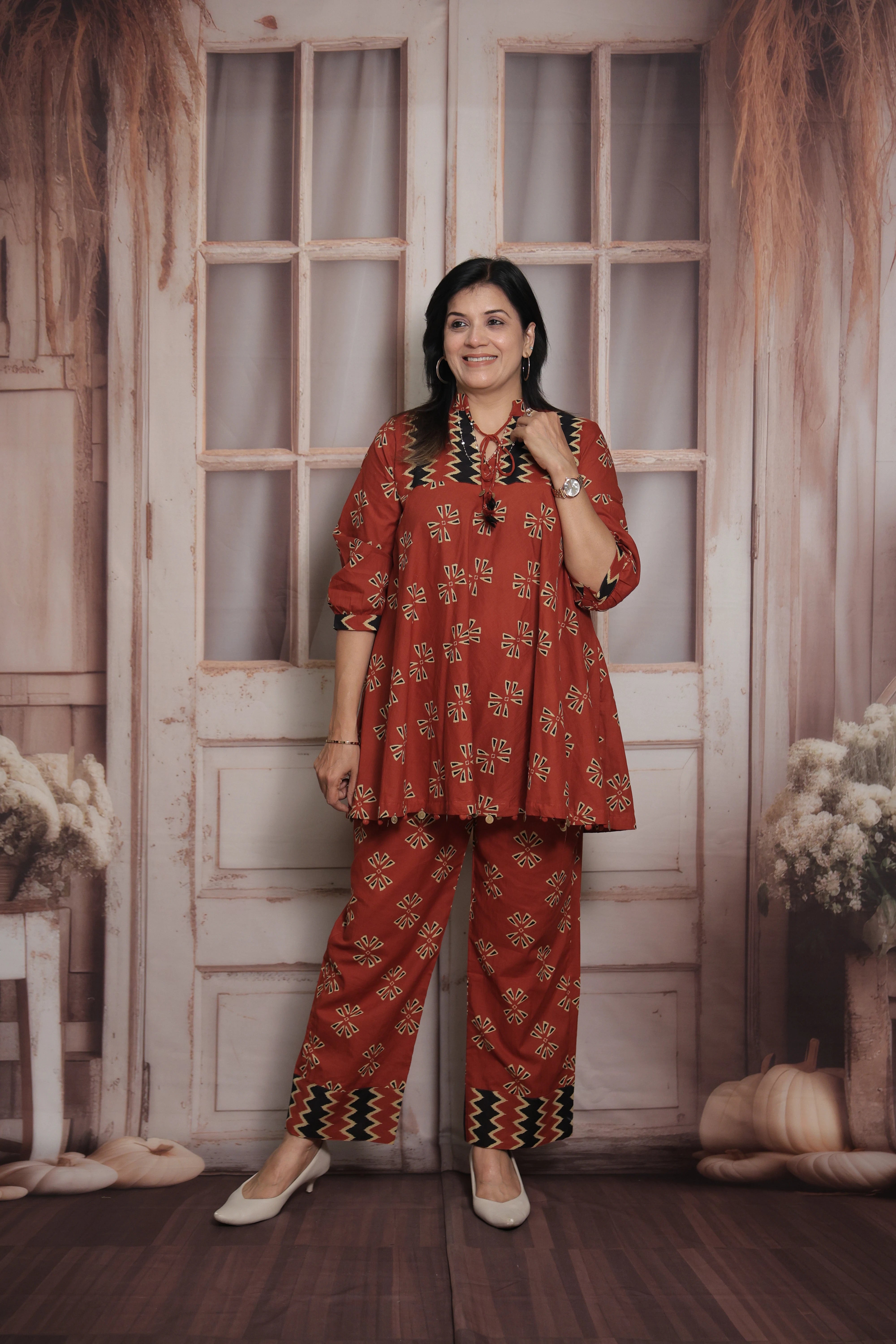 Brick Red Cotton Peplum Top & Pant Co-ord Set | Gamthi Printed Ethnic Wear
