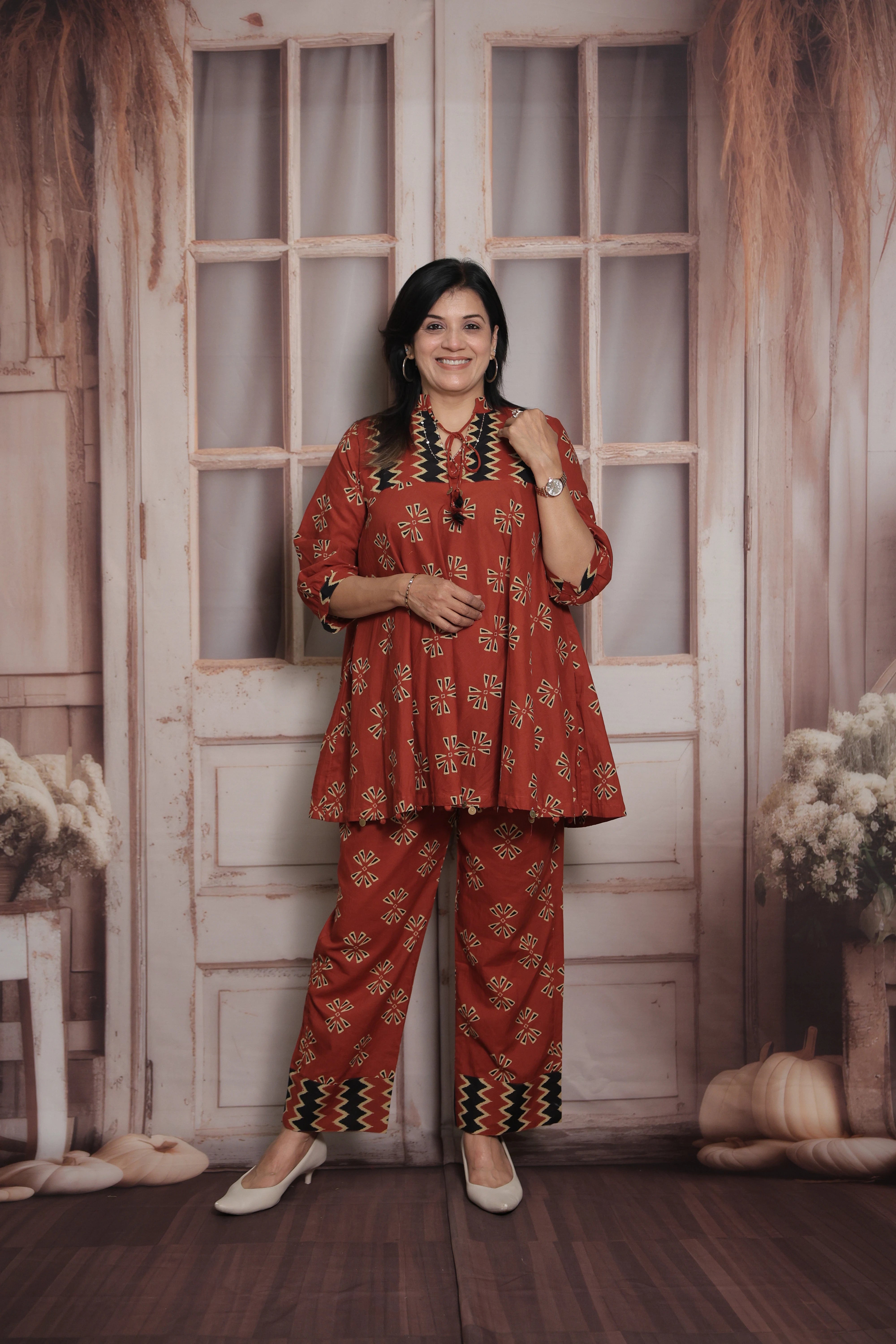 Brick Red Cotton Peplum Top & Pant Co-ord Set | Gamthi Printed Ethnic Wear