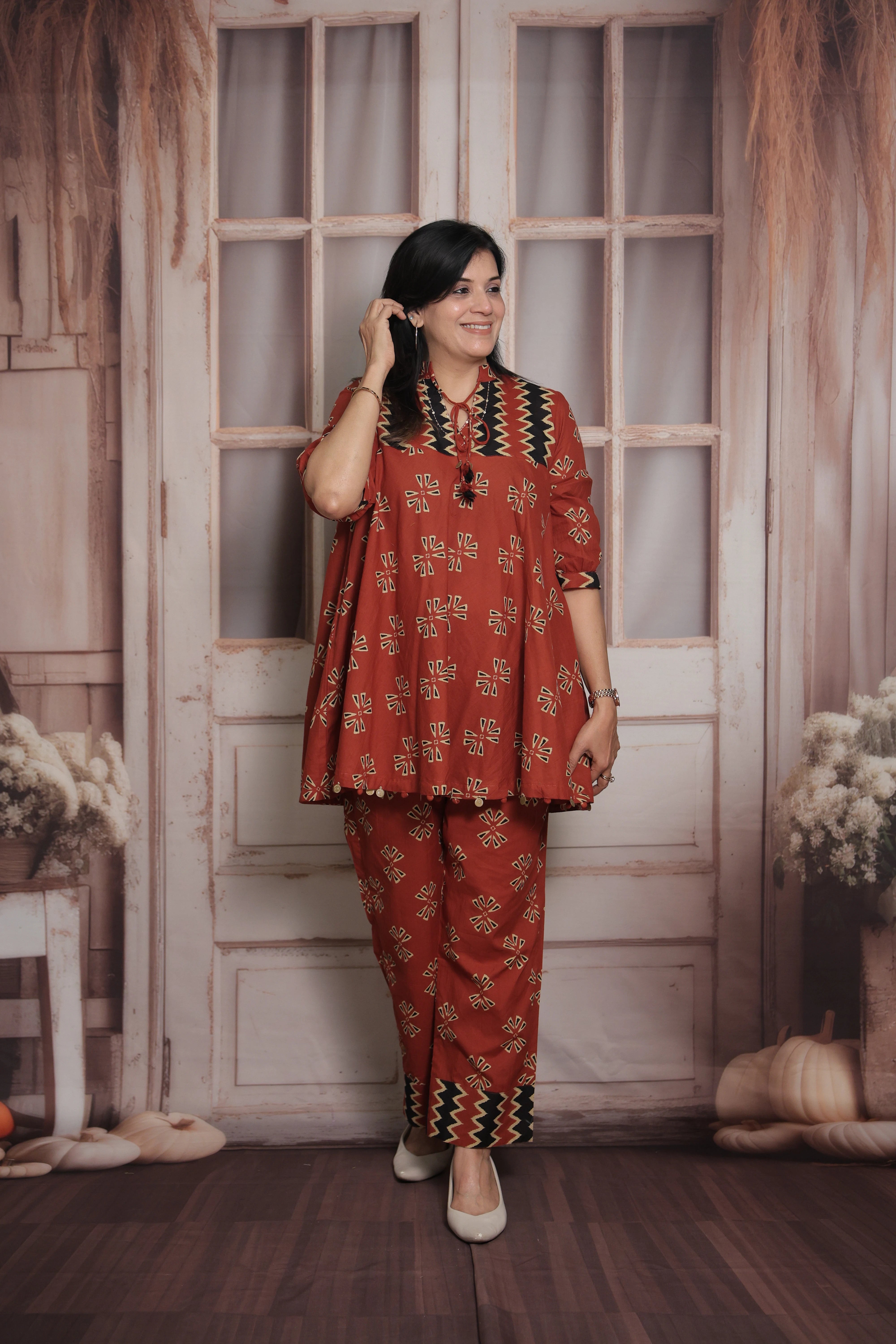 Brick Red Cotton Peplum Top & Pant Co-ord Set | Gamthi Printed Ethnic Wear