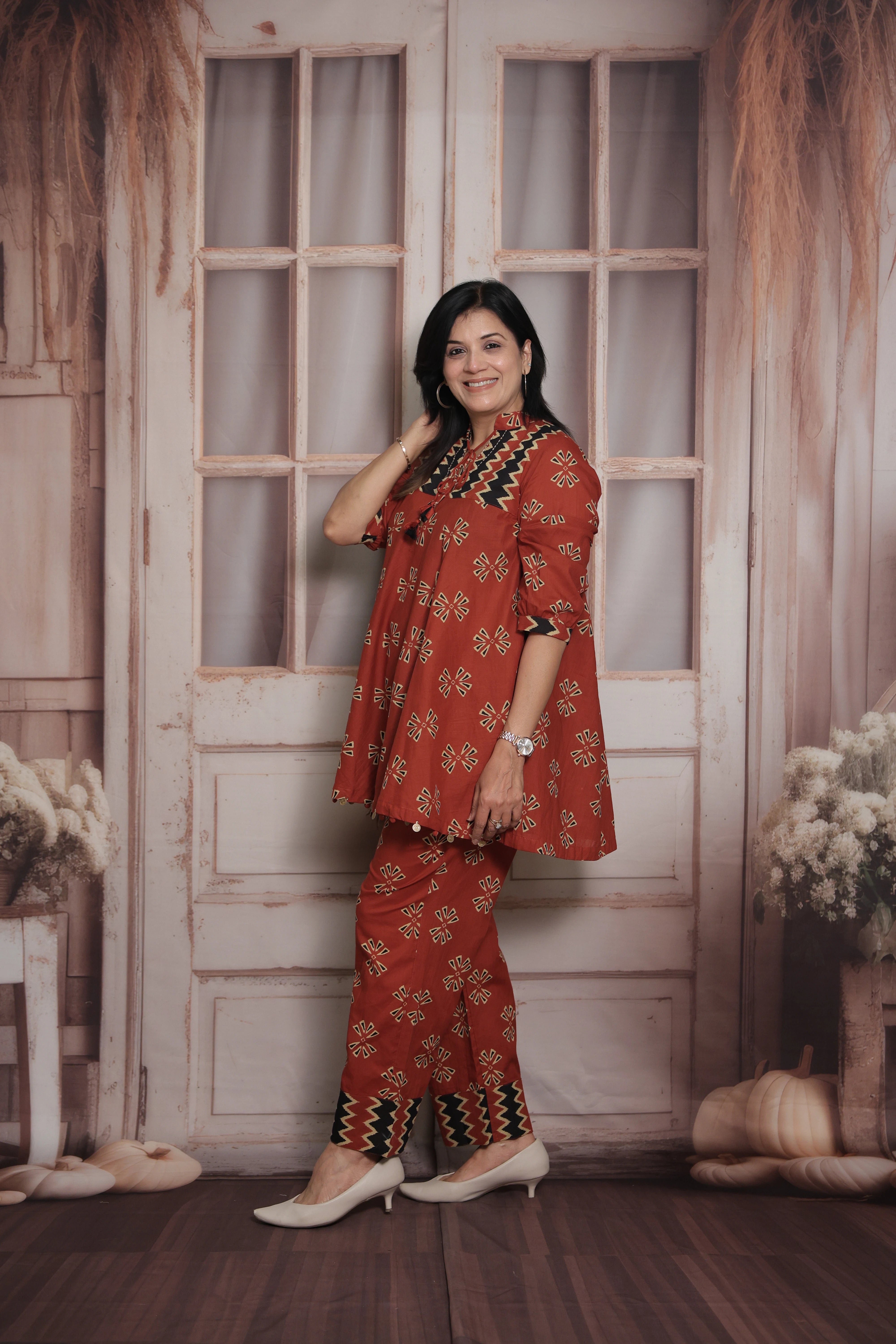 Brick Red Cotton Peplum Top & Pant Co-ord Set | Gamthi Printed Ethnic Wear