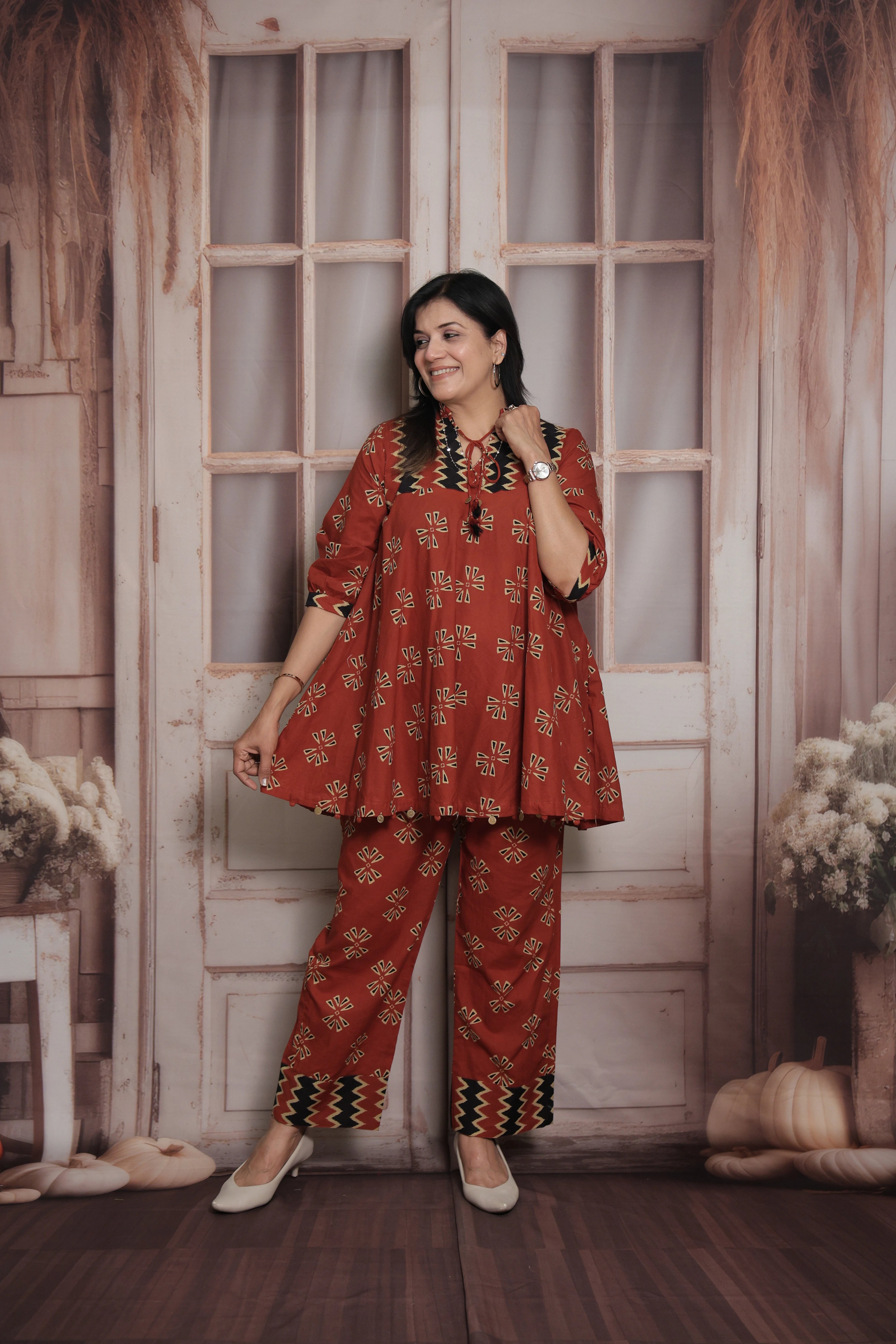 Brick Red Cotton Peplum Top & Pant Co-ord Set | Gamthi Printed Ethnic Wear