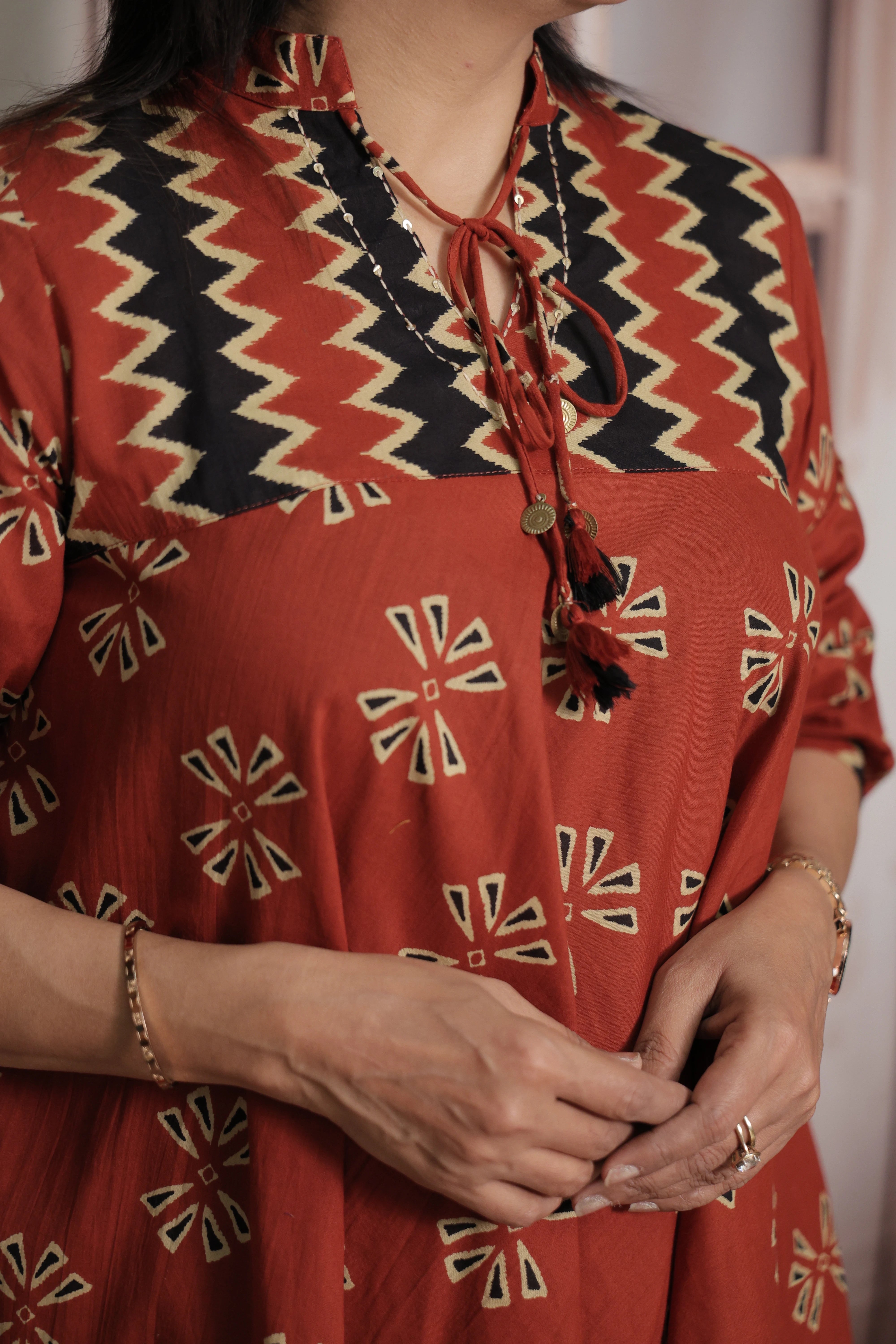 Brick Red Cotton Peplum Top & Pant Co-ord Set | Gamthi Printed Ethnic Wear