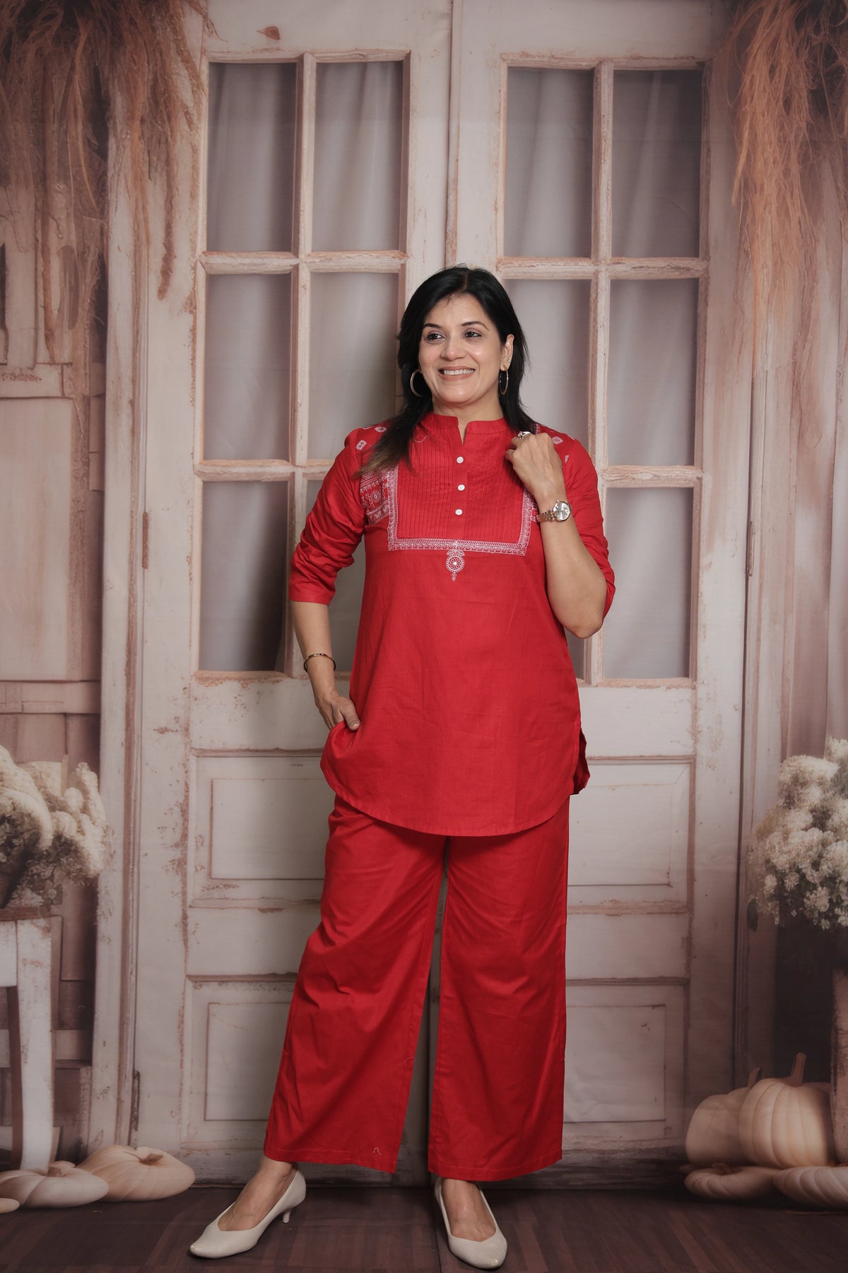 Red Cotton Pintex Top with Palazzo Co-ord Set | Thread Embroidery Ethnic Wear