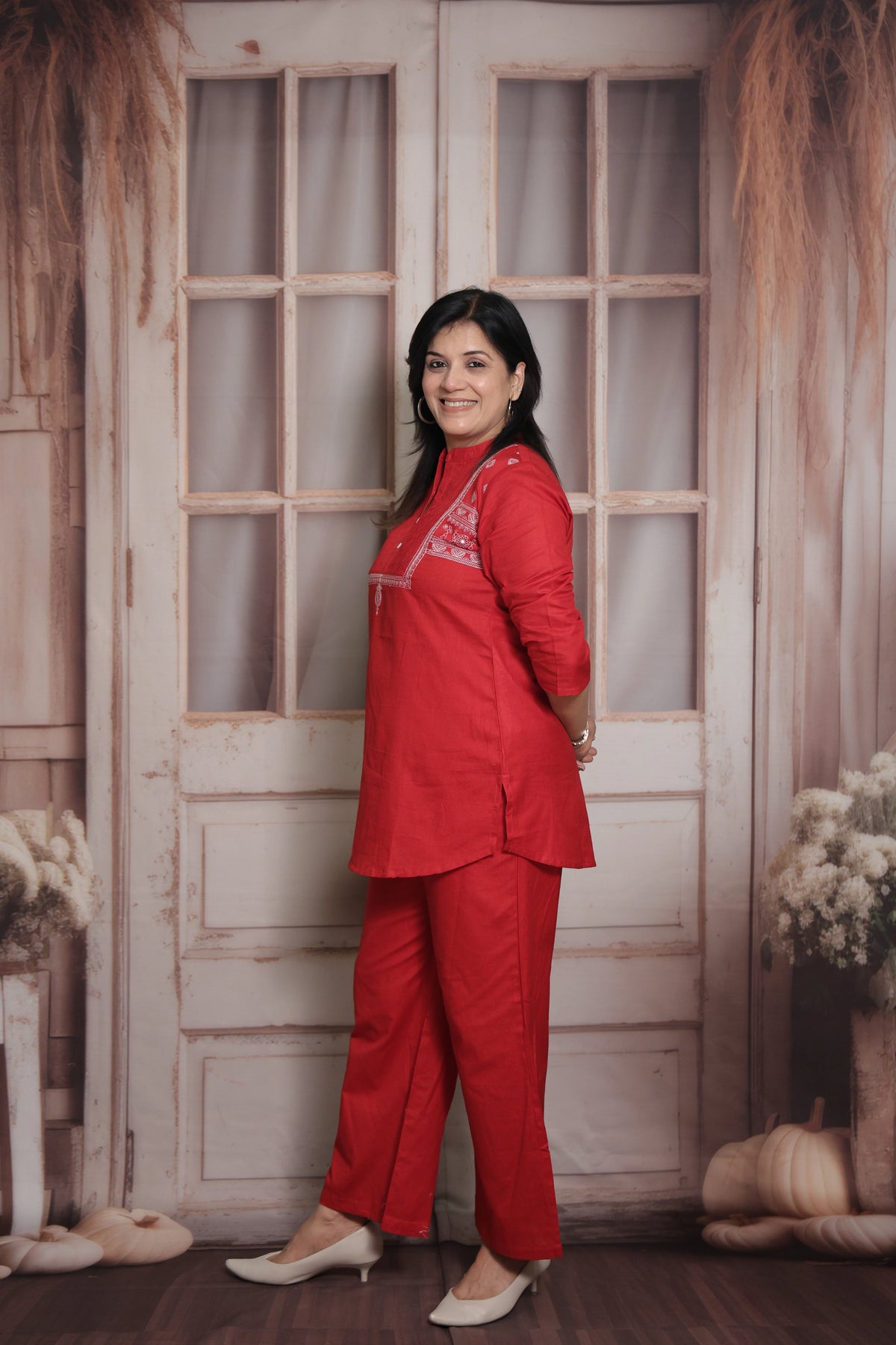 Red Cotton Pintex Top with Palazzo Co-ord Set | Thread Embroidery Ethnic Wear