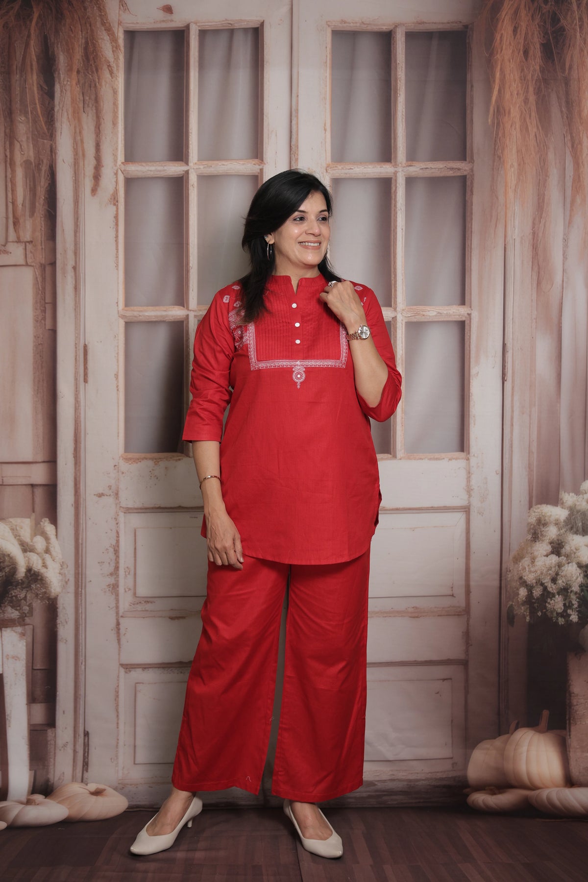 Red Cotton Pintex Top with Palazzo Co-ord Set | Thread Embroidery Ethnic Wear