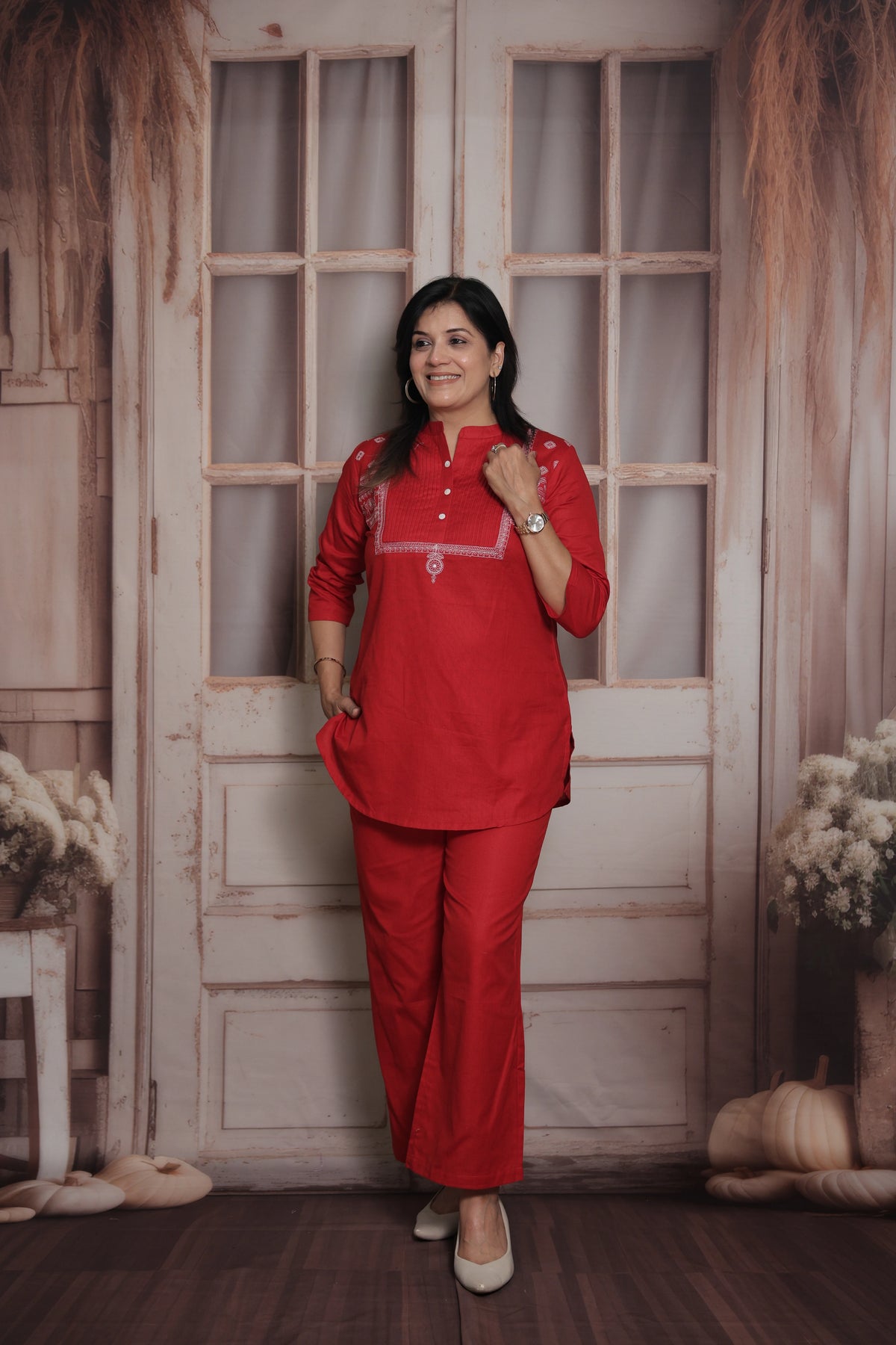 Red Cotton Pintex Top with Palazzo Co-ord Set | Thread Embroidery Ethnic Wear