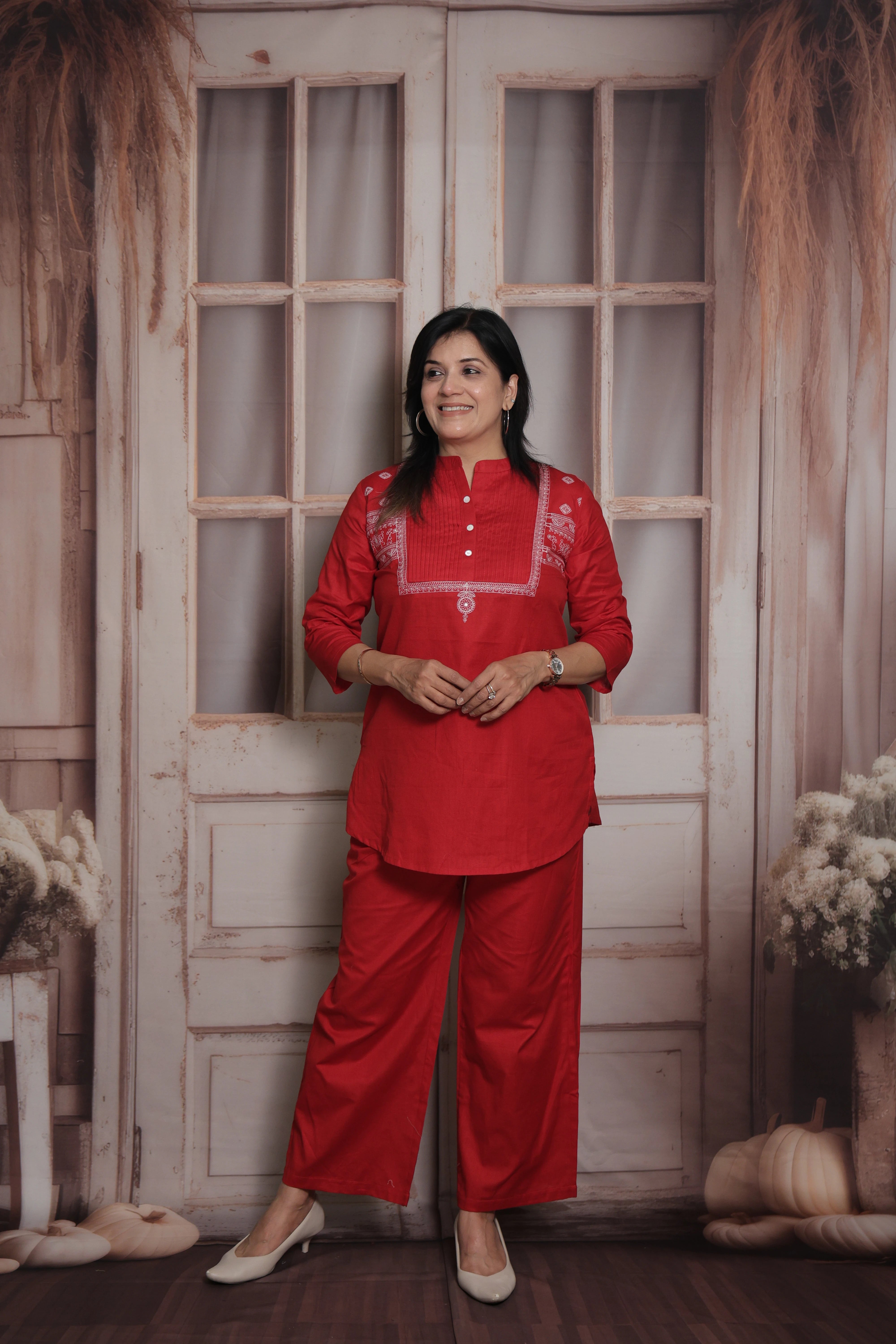 Red Cotton Pintex Top with Palazzo Co-ord Set | Thread Embroidery Ethnic Wear